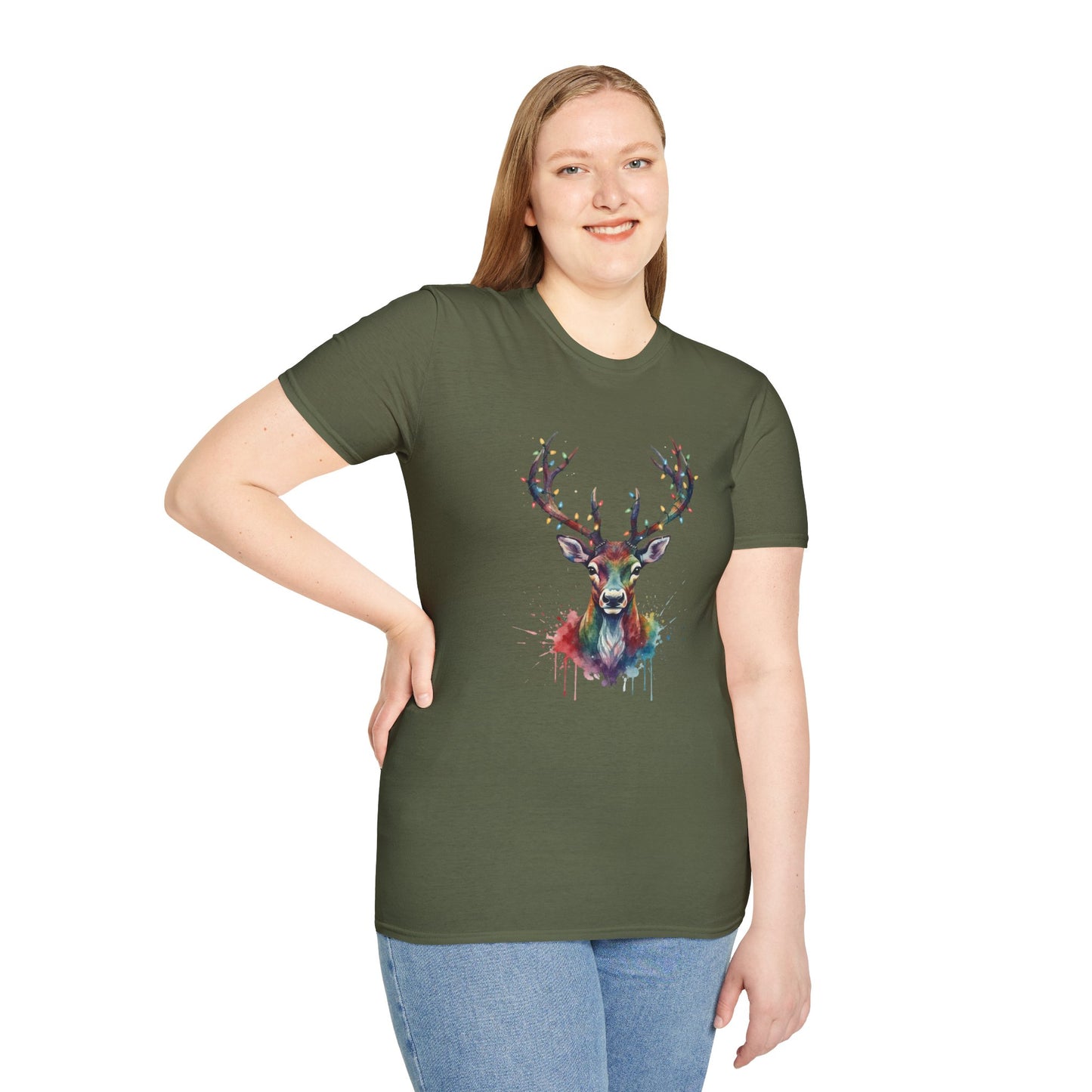 Christmas Deer Shirt, Watercolor Buck T-Shirt, Deer With Christmas Lights Tee, Holiday Wildlife Art Shirt, Colorful Deer Head Xmas Tee