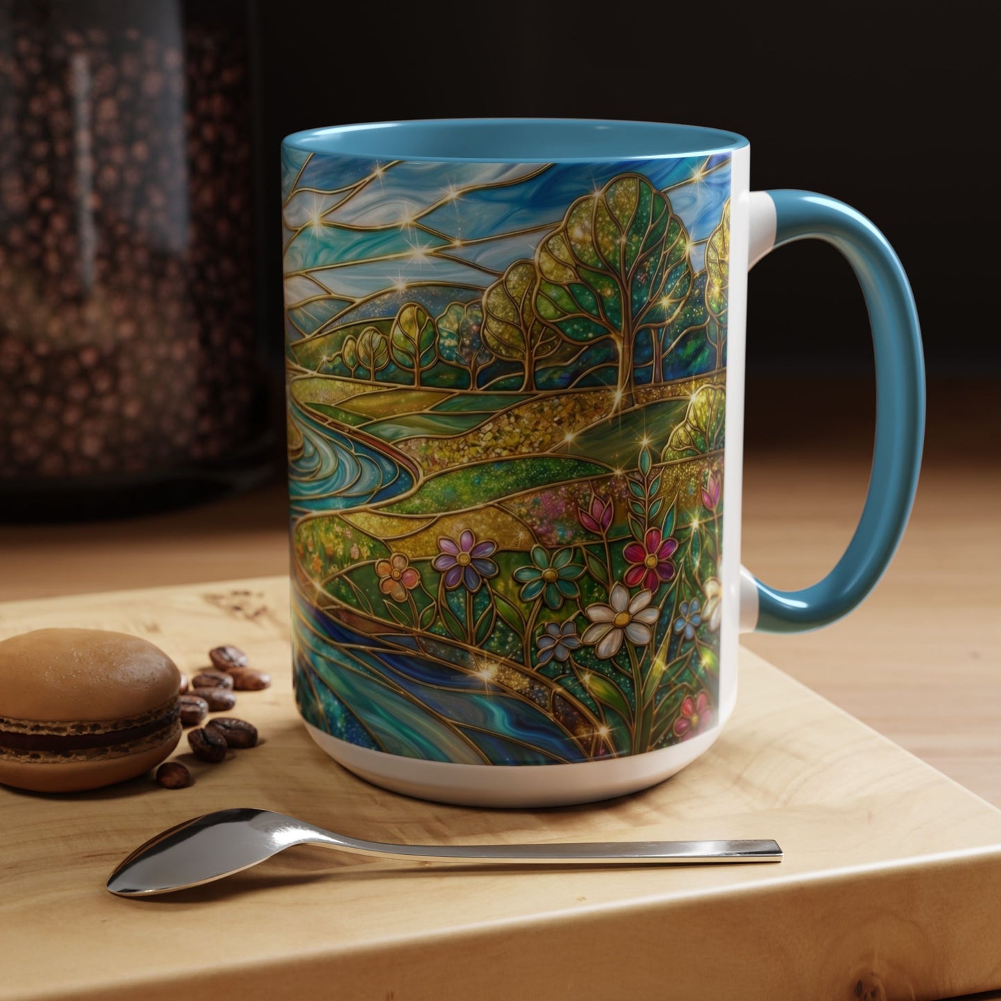 Stained Glass Mug, River Landscape Coffee Cup, Nature Lover Gift, Floral Tea Mug, Gardener Present, Art Teacher Gift, Colorful Scenery Cup