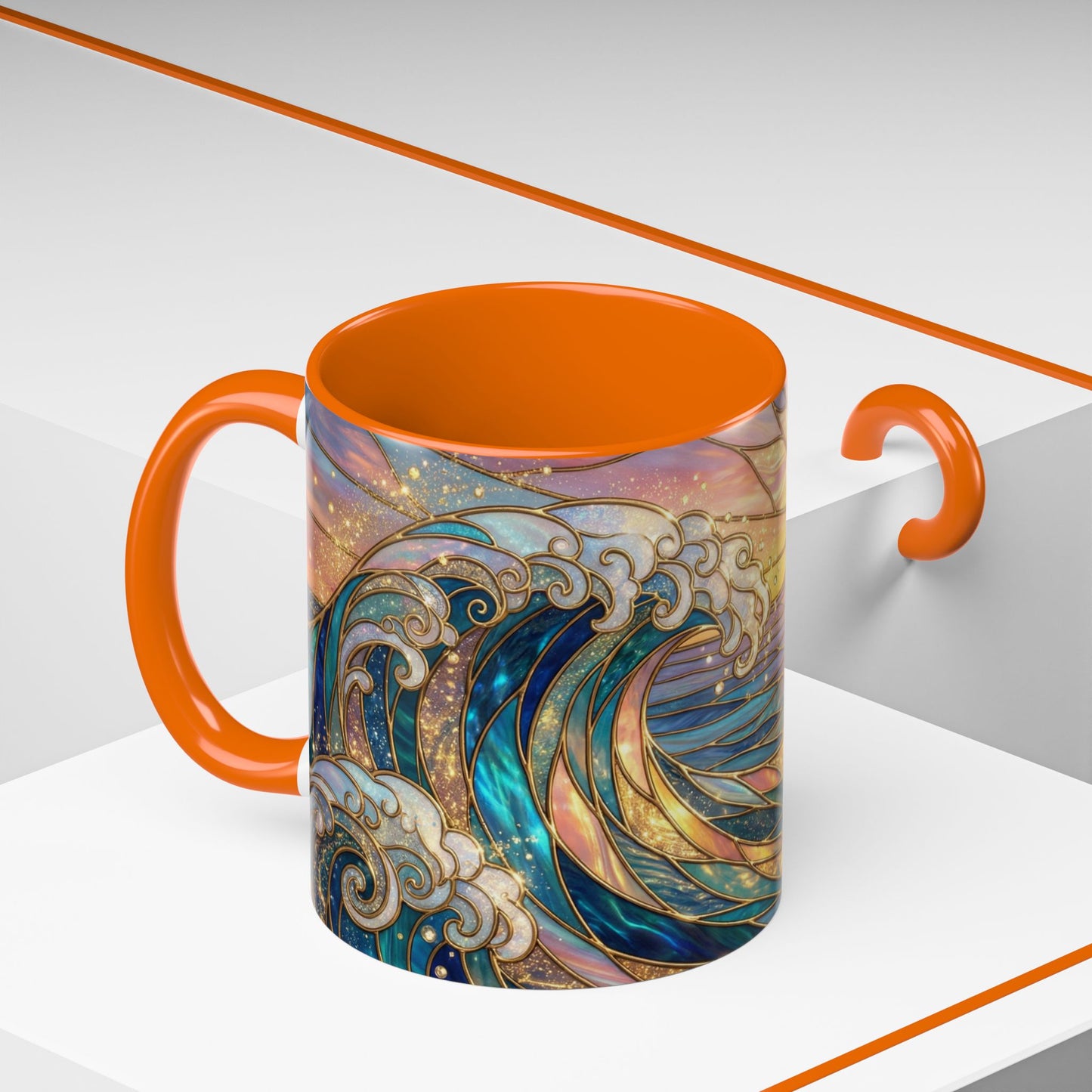 Stained Glass Ocean Wave Mug, Sunrise Beach Coffee Cup, Japanese Art Gift, Coastal Decor Kitchen, Mosaic Sea Tea Cup, Blue Gold Nature Lover