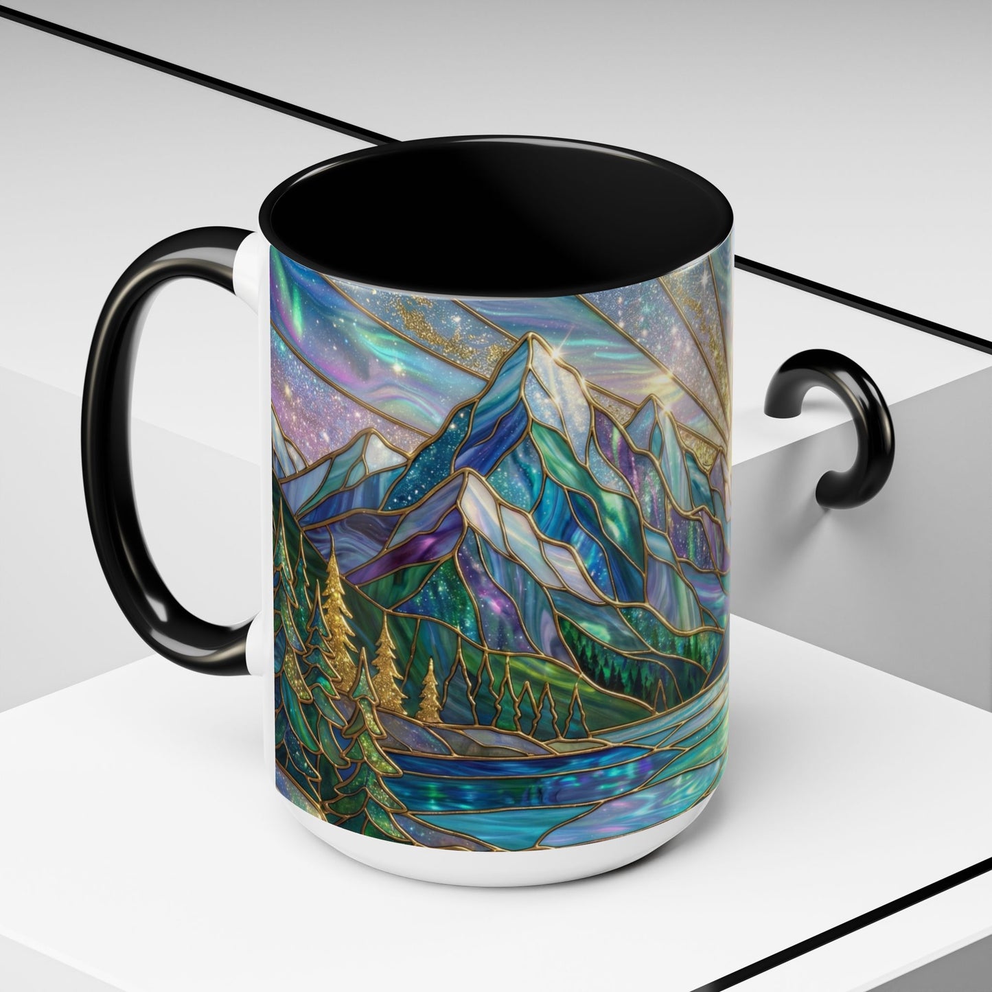 Stained Glass Mountain Mug, Mountain Landscape Coffee Cup, Galaxy Sky Nature Ceramic Mug, Sunrise River Forest Art, 11oz 15oz Gift