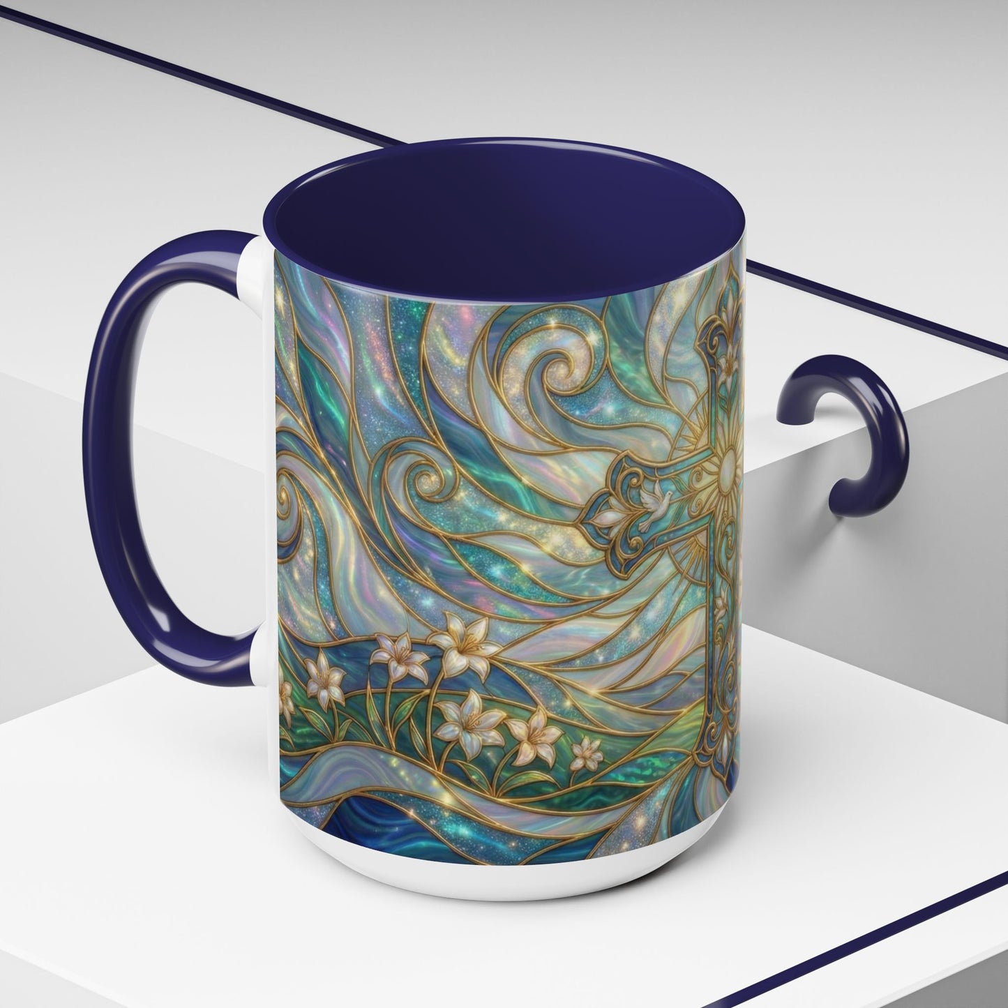 Stained Glass Cross Mug, Christian Coffee Cup, Religious Easter Gift, Celestial Faith Mug, Spiritual Sunrise Cup, Dove Lily Print Mug