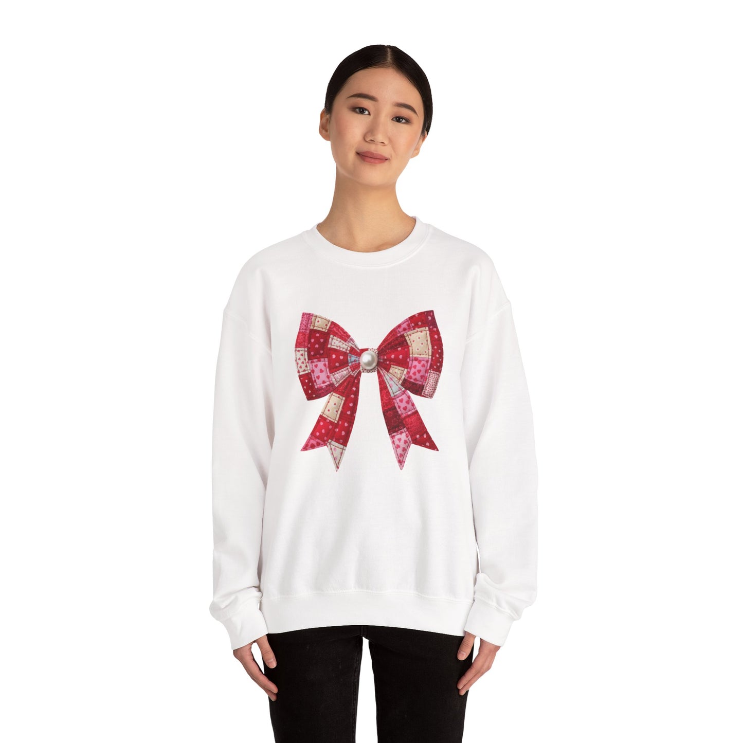 Faux Patchwork Bow Sweatshirt, Quilted Look Bow Crewneck, Pearl Center Bow Pullover, Cozy Coquette Sweatshirt, Girly Gift