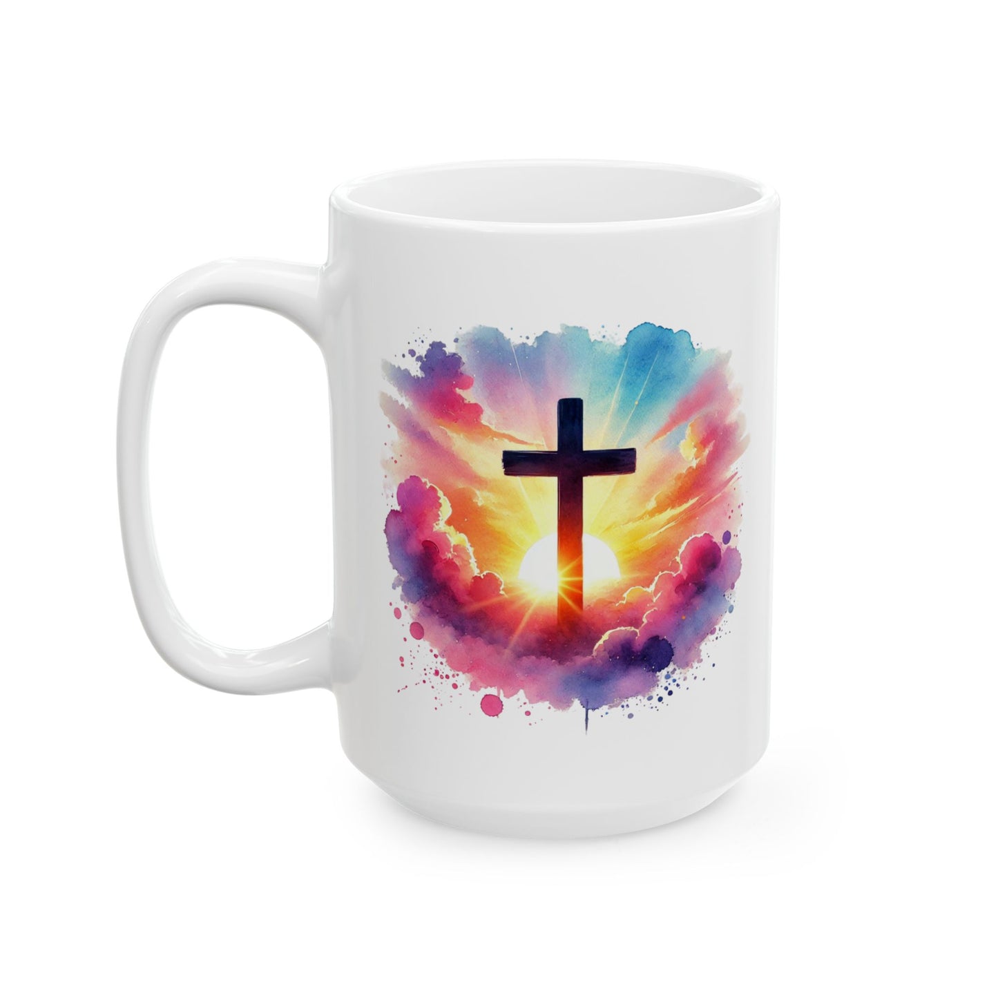 Christian Cross Sunrise Mug – Inspirational Faith Coffee Cup with Colorful Sky & Clouds, Religious Gift, Dishwasher Safe Prayer Mug