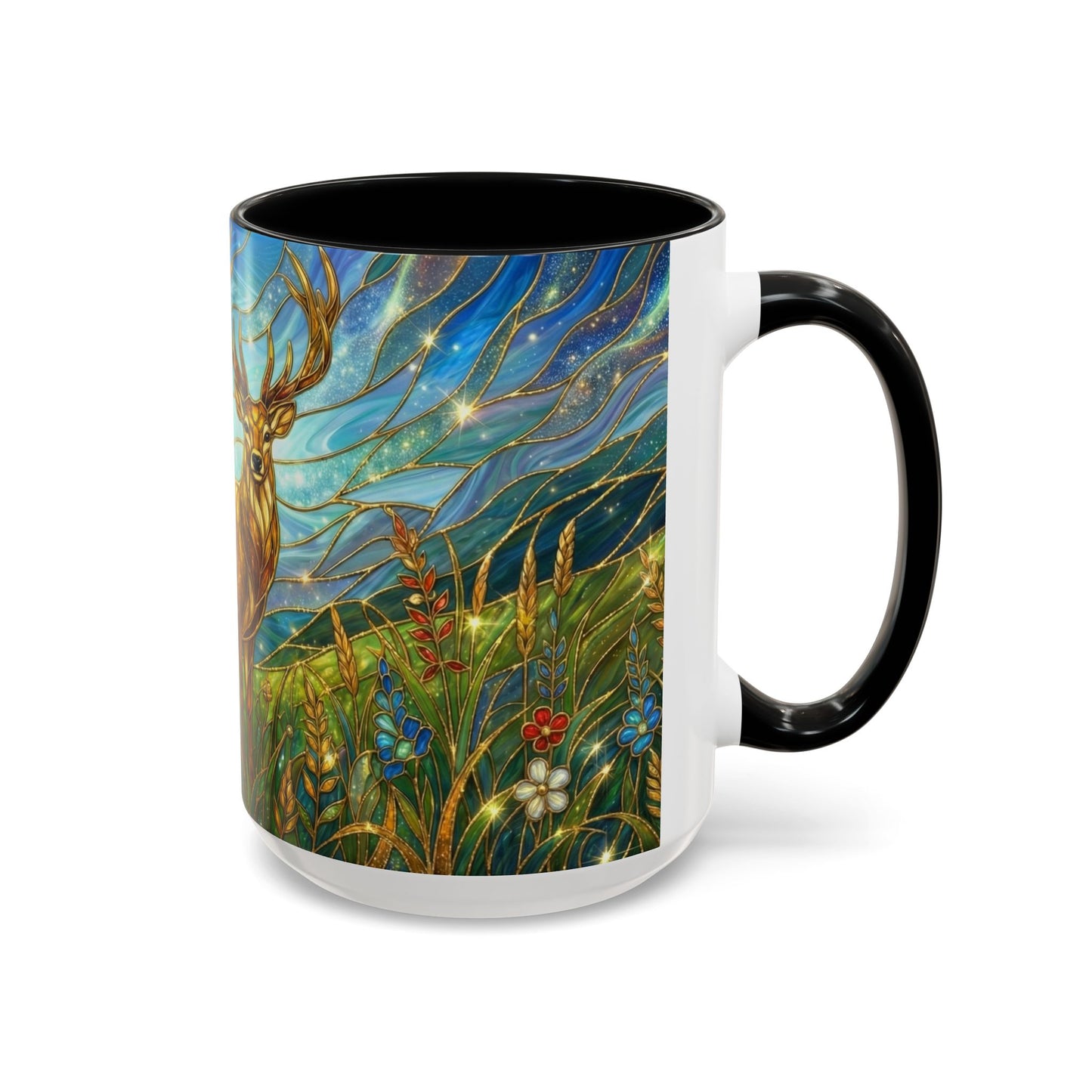 Stained Glass Deer Mug, Woodland Art Coffee Cup, Nature Forest Mug, Blue Green Gold Glass Style Mug, Gift For Nature Lovers Decor