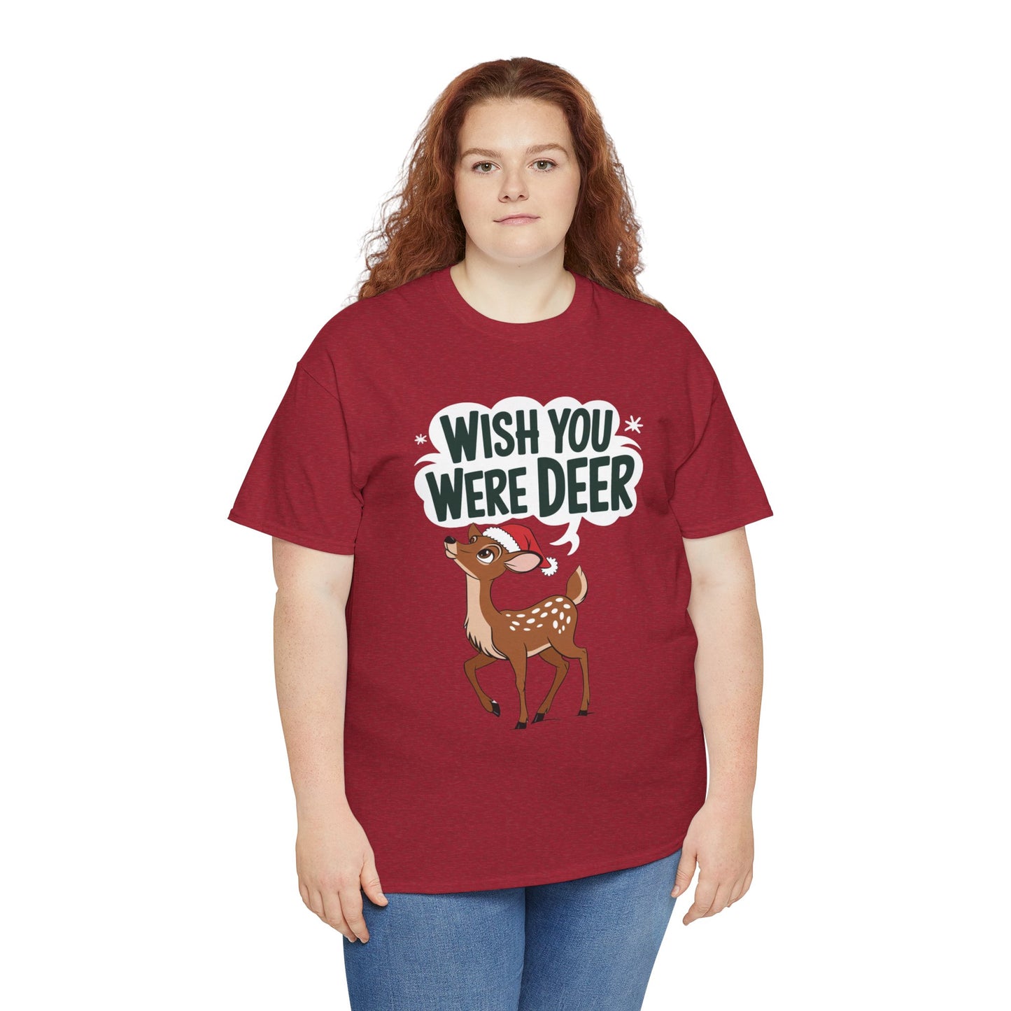 Wish You Were Deer Funny Christmas T-Shirt, Cute Reindeer Holiday Tee, Pun Christmas Shirt, Festive Santa Hat Deer Graphic Tee Gift