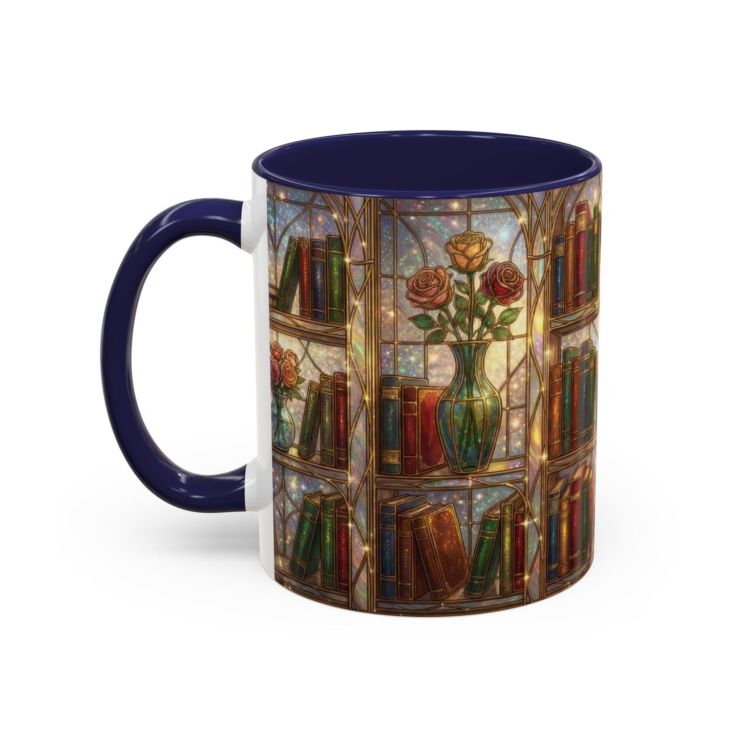 Stained Glass Books Mug, Book Lover Coffee Mug, Cozy Library Mug, Bookish Gift For Readers, Dark Academia Mug, Floral Bookshelf Cup