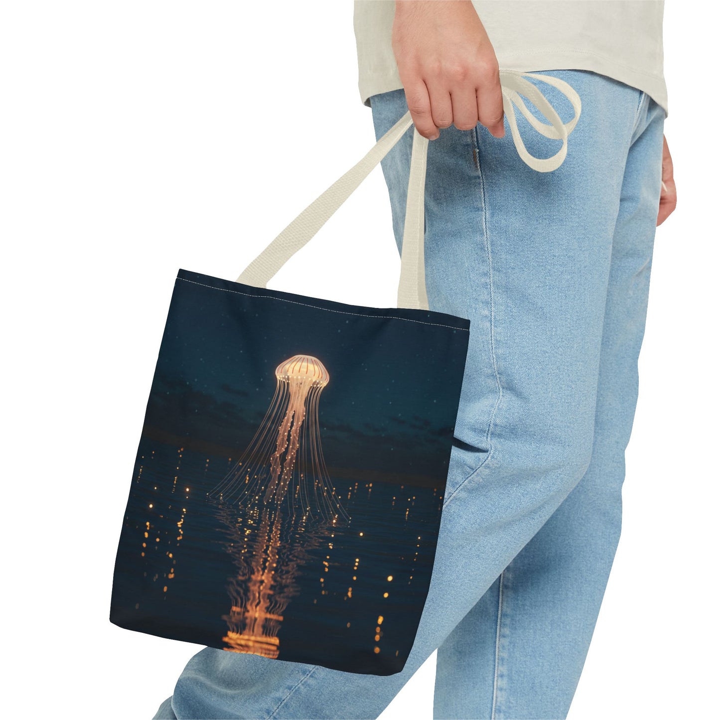 Luminous Jellyfish Tote Bag, Glow-Inspired Ocean Design Shoulder Bag, Durable Polyester Tote For Everyday Style, Gifts, And Coastal Fashion