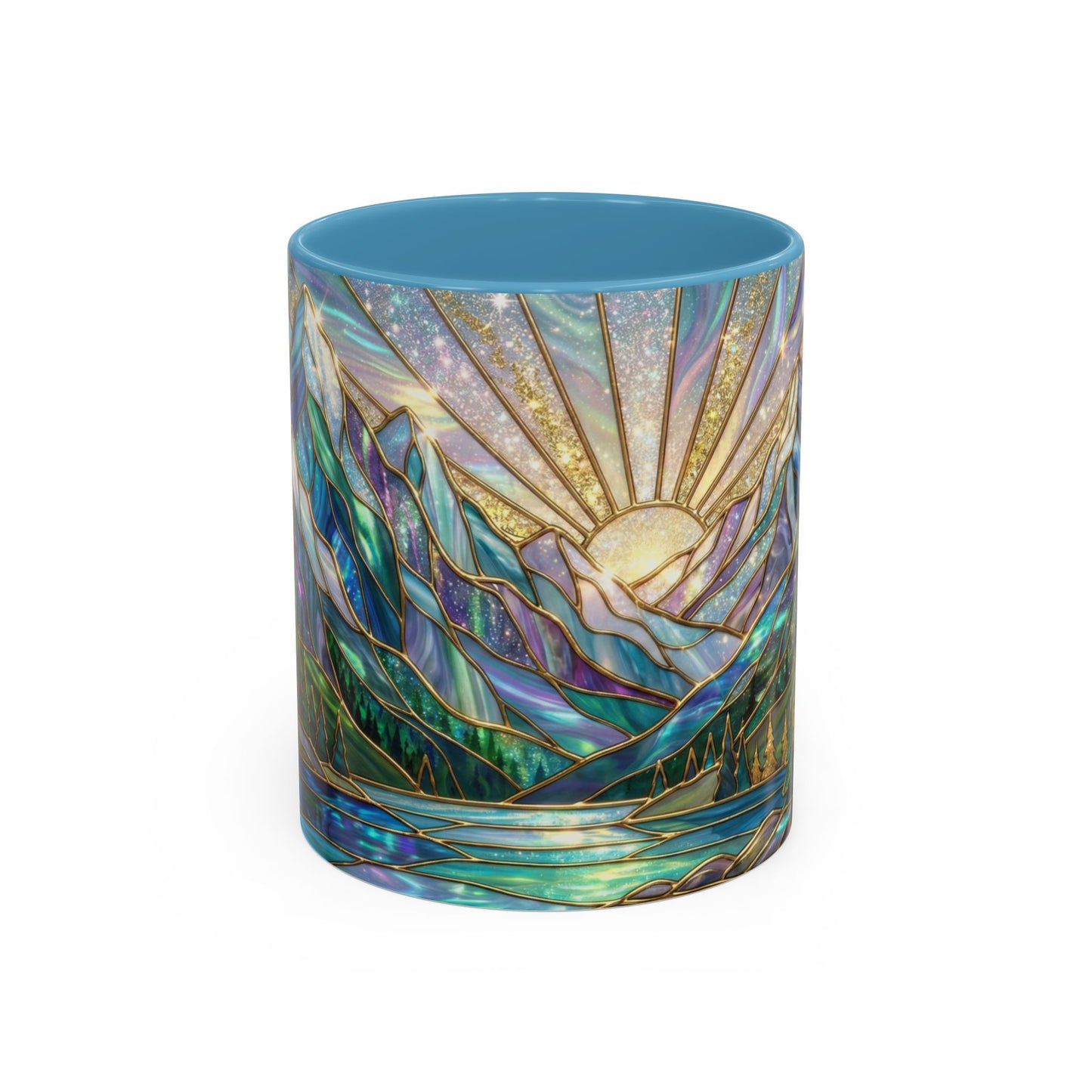 Stained Glass Mountain Mug, Mountain Landscape Coffee Cup, Galaxy Sky Nature Ceramic Mug, Sunrise River Forest Art, 11oz 15oz Gift