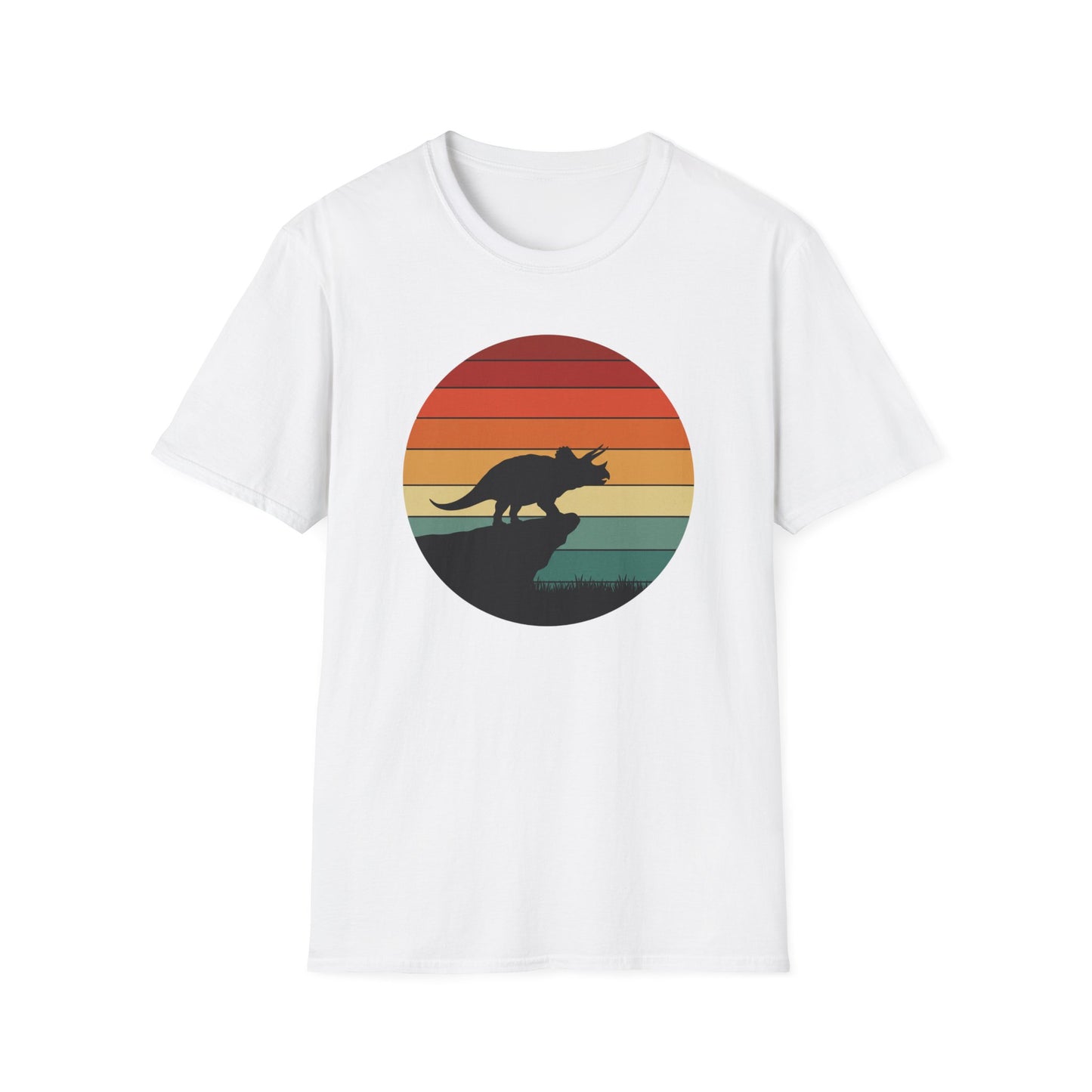 Retro Triceratops Sunset T-Shirt - Vintage Dino Graphic Tee - Unisex Softstyle Dinosaur Shirt - Nature and Prehistoric Lover Gift