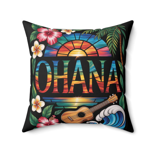 Ohana Throw Pillow – Hawaiian Sunset Cushion with Ukulele & Tropical Flowers, Aloha Decor, Beach House Accent, Family Gift, Island Living