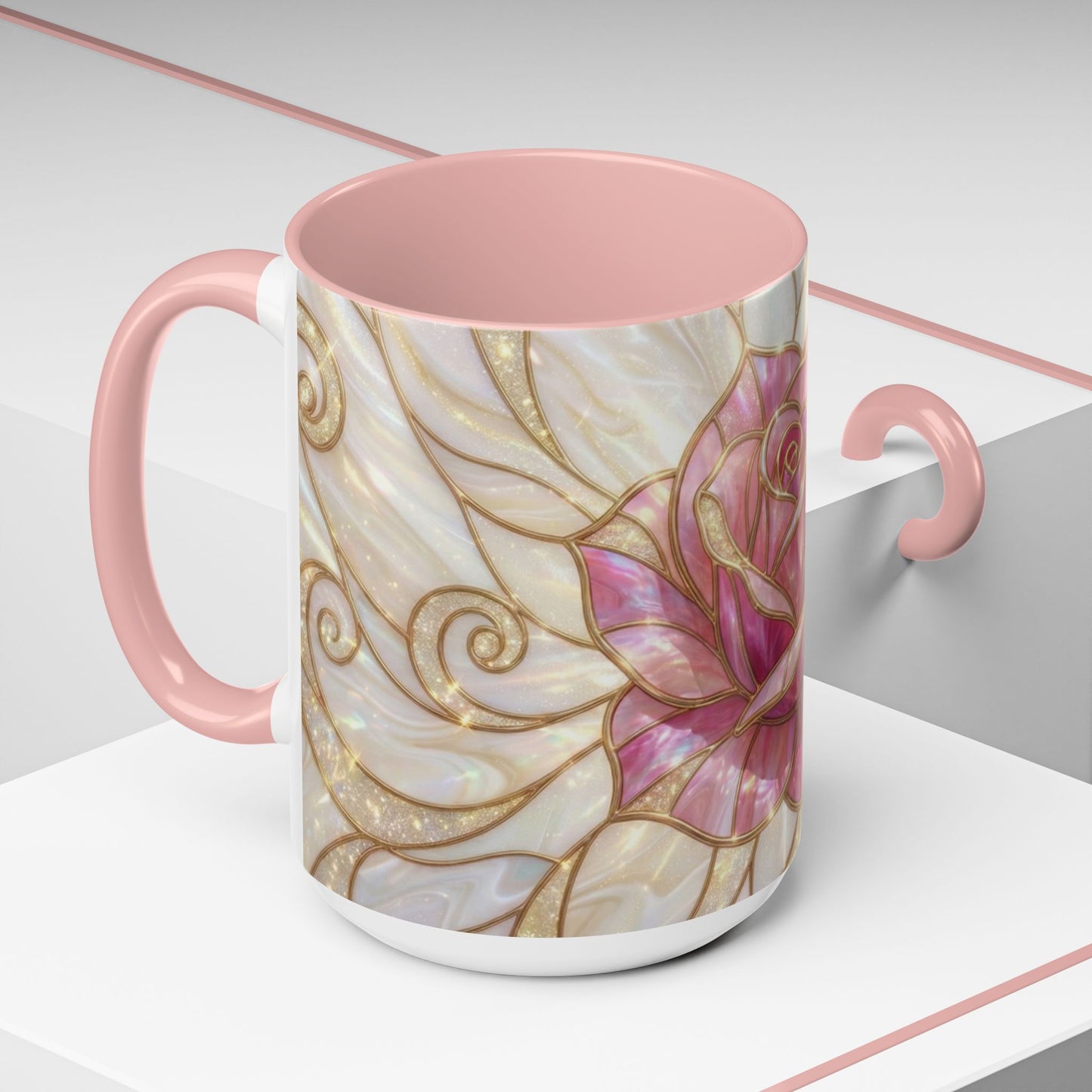 Pink Rose Stained Glass Mug, Gold Floral Coffee Cup, Romantic Flower Tea Cup, Gardener Gift For Mom, Botanical Art, Wife Birthday Gift