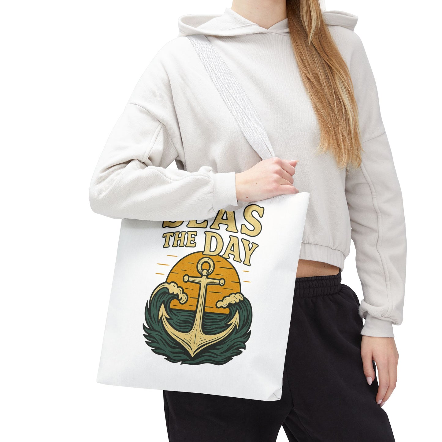 "Seas the Day" Nautical Tote Bag – Funny Beach Quote Canvas Bag with Anchor | Coastal Gift Idea for Summer, Travel, or Daily Use