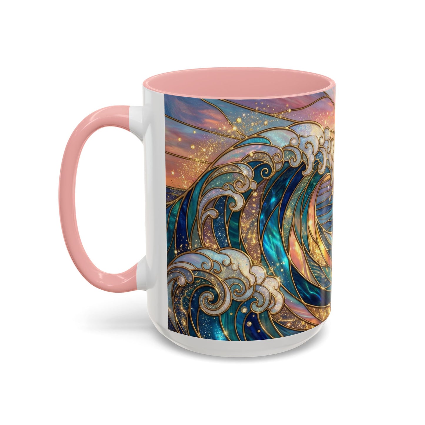 Stained Glass Ocean Wave Mug, Sunrise Beach Coffee Cup, Japanese Art Gift, Coastal Decor Kitchen, Mosaic Sea Tea Cup, Blue Gold Nature Lover