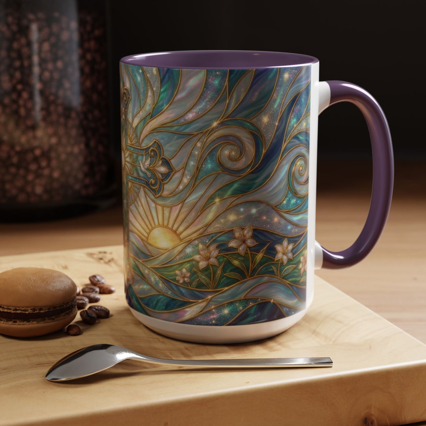 Stained Glass Cross Mug, Christian Coffee Cup, Religious Easter Gift, Celestial Faith Mug, Spiritual Sunrise Cup, Dove Lily Print Mug