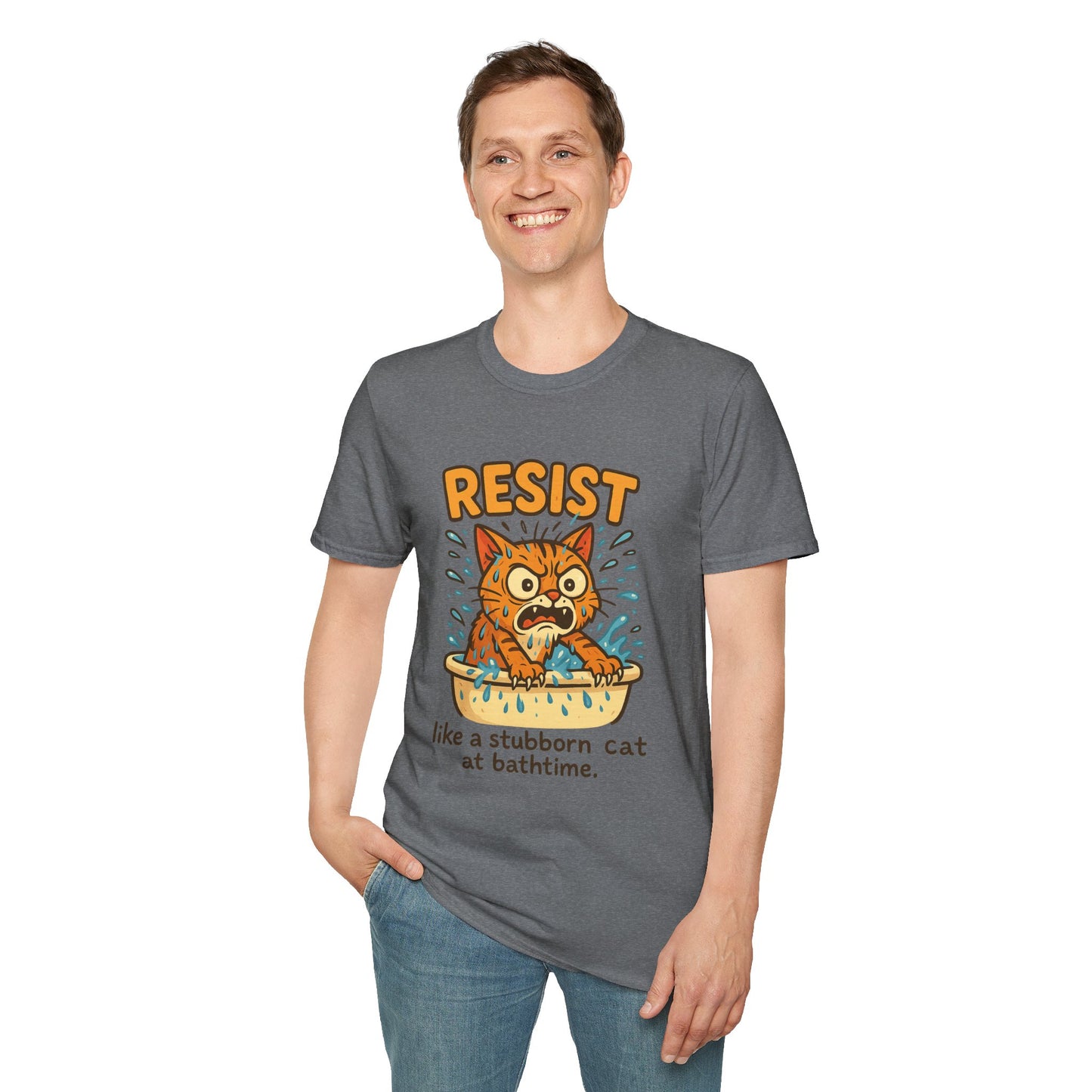 Resist Like A Stubborn Cat At Bathtime Funny Cat Lover Graphic Tee - Quirky Self Care Shirt - Gift For Pet Moms, Dads and Humor Fans