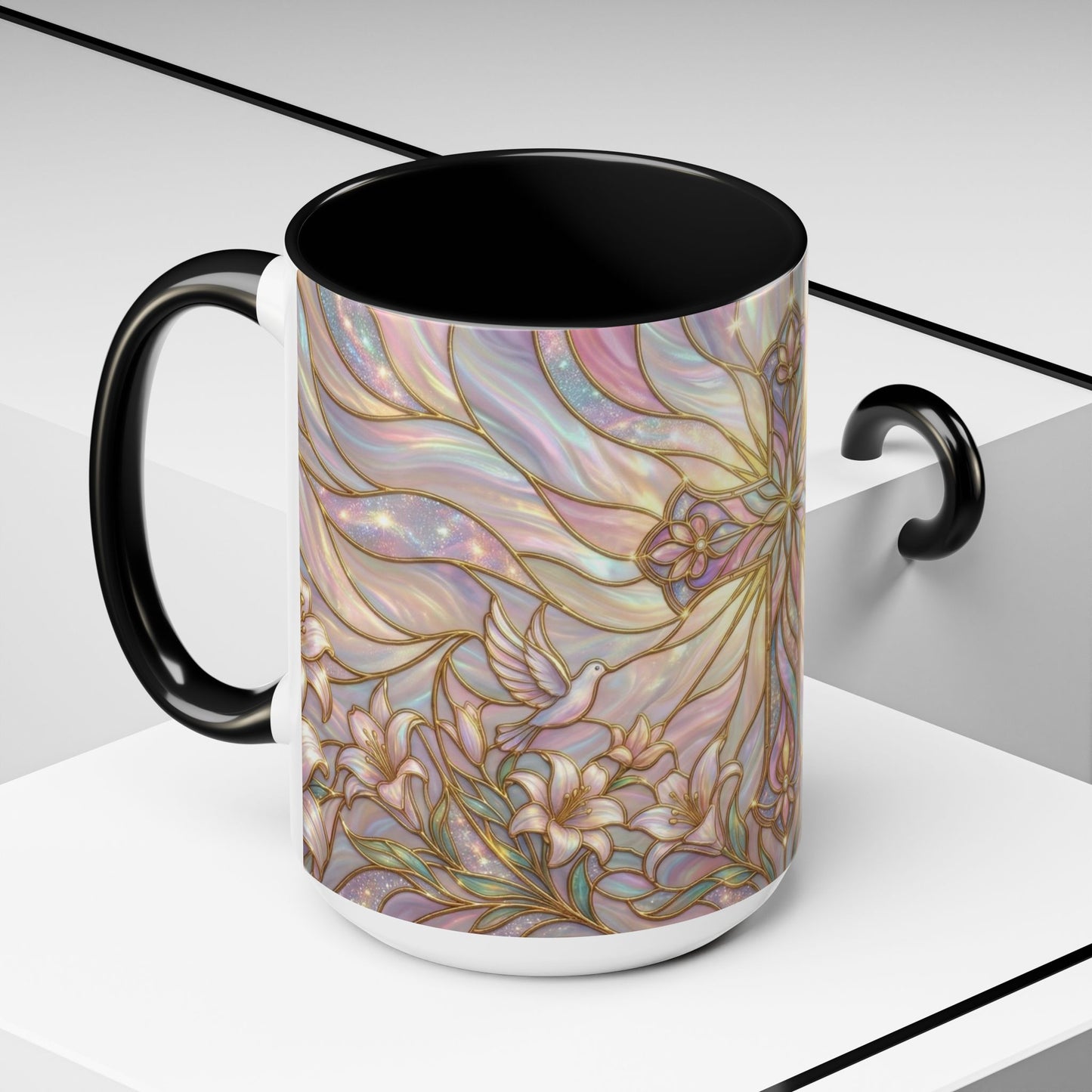 Stained Glass Cross Mug, Easter Lily Coffee Cup, Christian Gift for Women, Pastel Religious Drinkware, Dove and Faith Cup, Spiritual