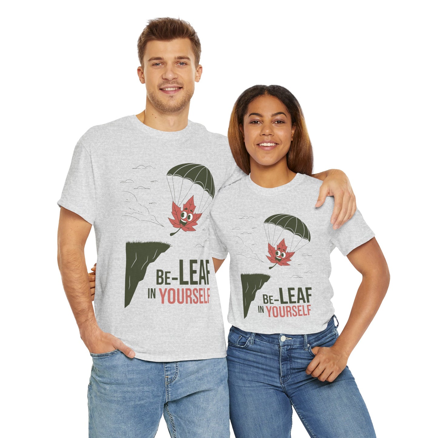Be-Leaf In Yourself Maple Leaf Parachute T-Shirt | Funny Motivational Nature Graphic Tee | Self-Love Fall Autumn Shirt | Outdoorsy Gift