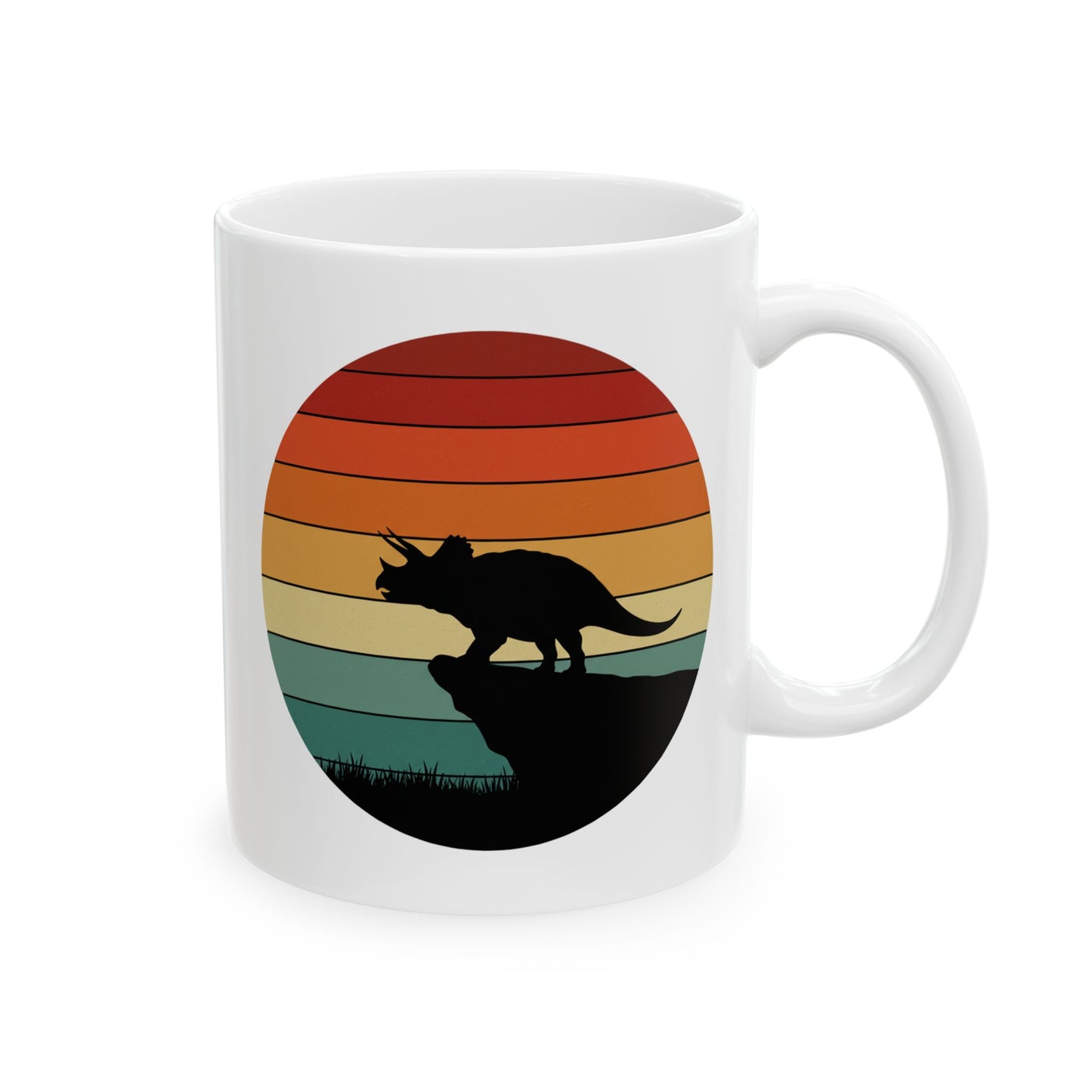 Dinosaur Sunset Mug - Triceratops Retro Coffee Cup - 80s Vintage Dino Mug Gift - Prehistoric Art Mug - Funny Dino Lover Gift 11oz or 15oz