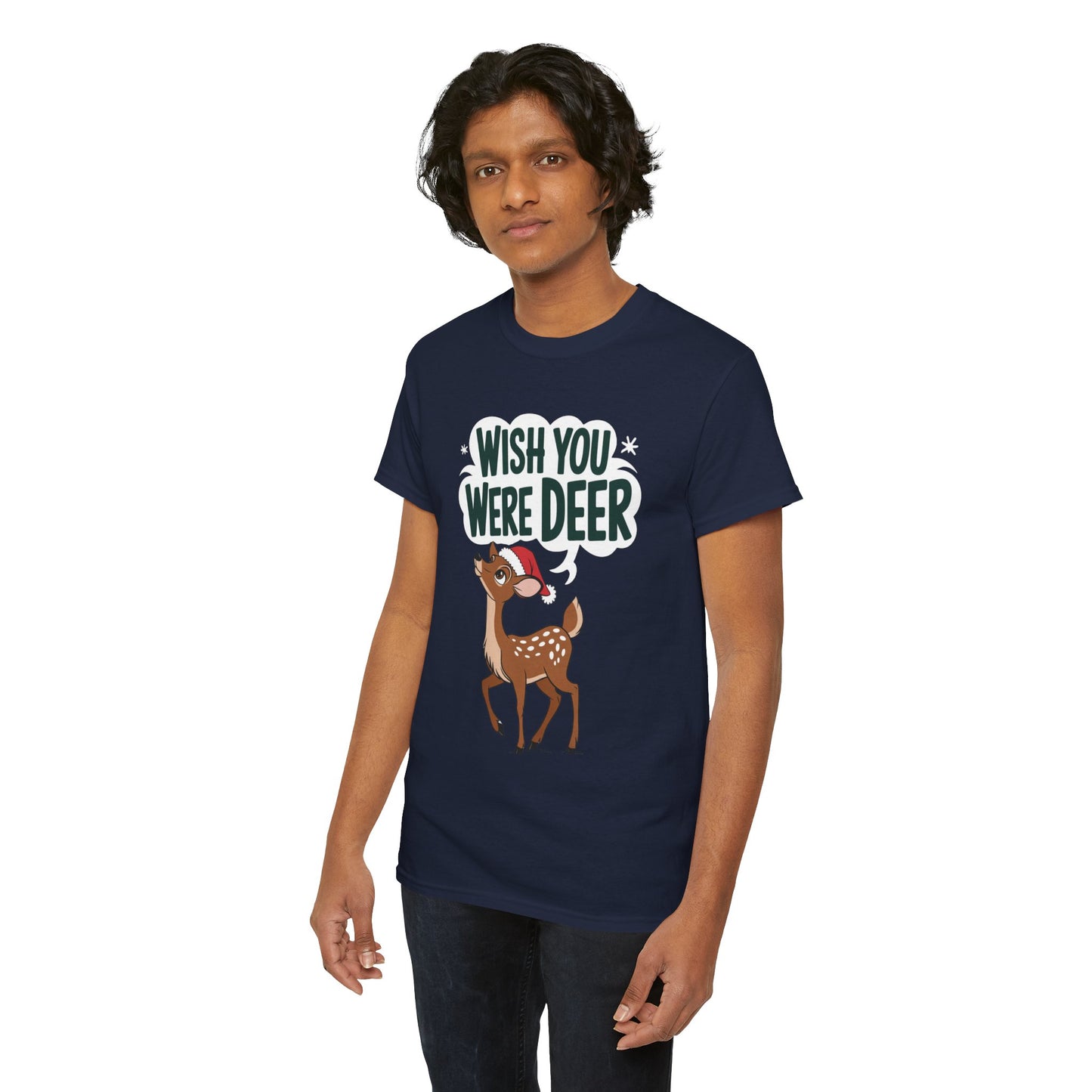 Wish You Were Deer Funny Christmas T-Shirt, Cute Reindeer Holiday Tee, Pun Christmas Shirt, Festive Santa Hat Deer Graphic Tee Gift