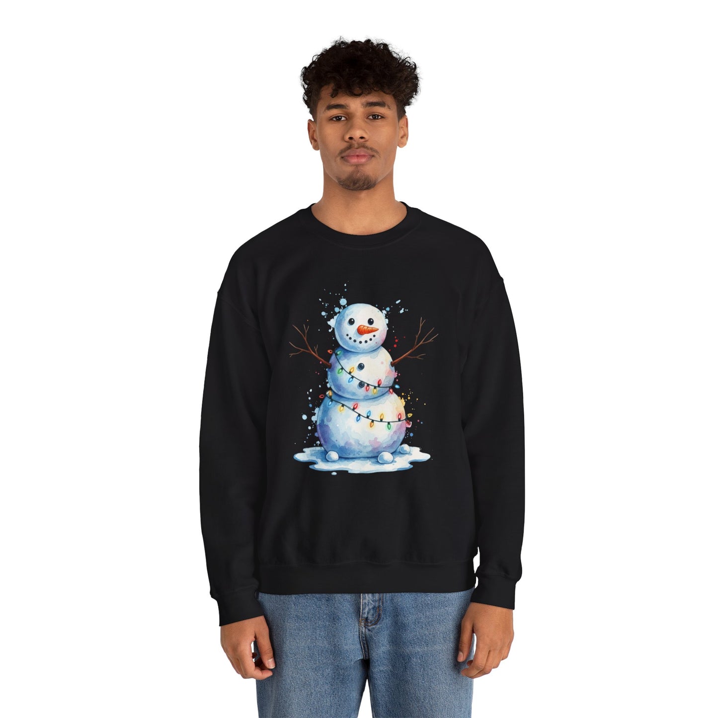 Watercolor Snowman Christmas Sweatshirt, Cute Snowman Crewneck for Winter, Holiday Lights Snowman Sweater, Cozy Unisex Christmas Gift