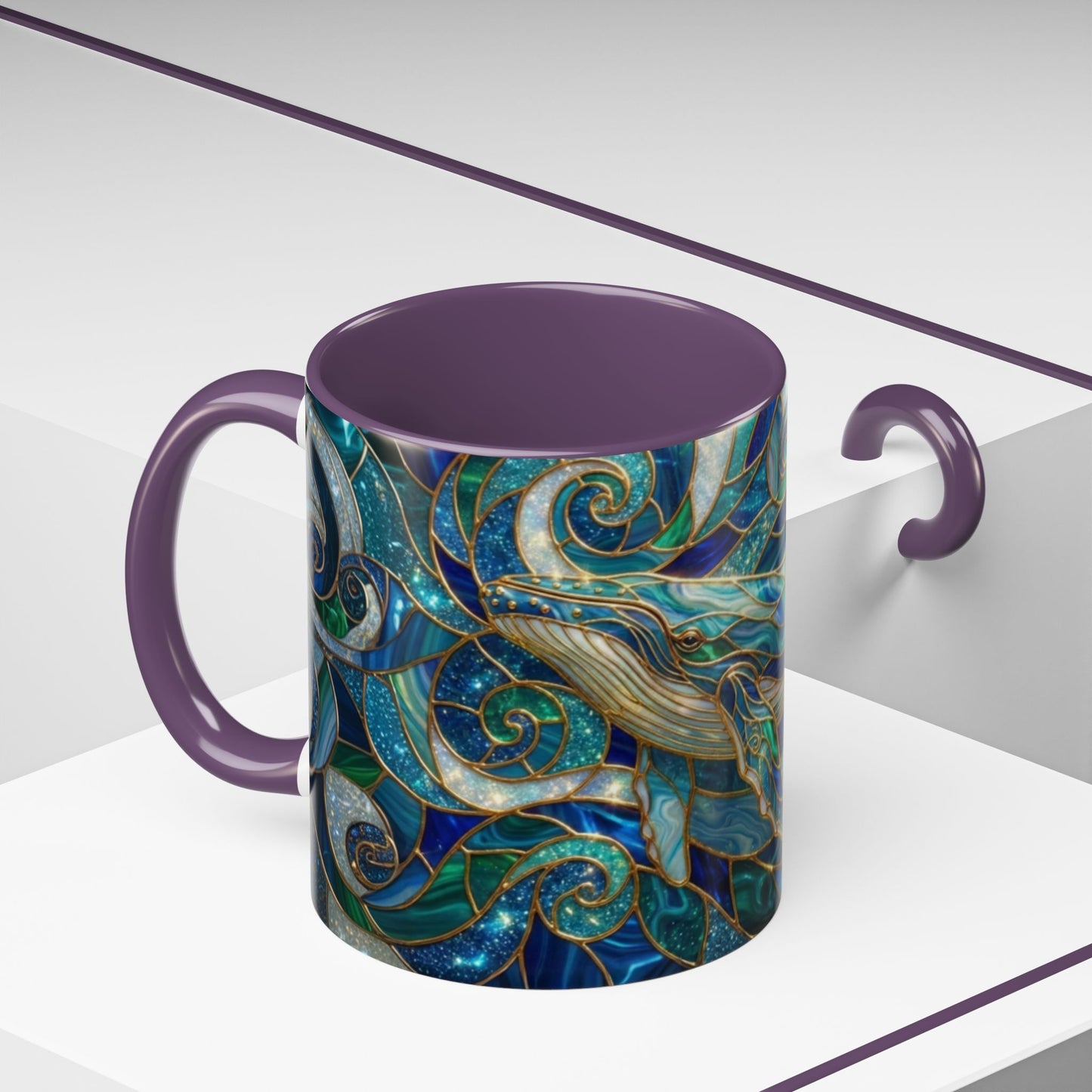 Stained Glass Whale Mug, Ocean Art Coffee Cup, Blue Sea Life Design, Nautical Gift For Ocean Lovers, Colorful Stained Glass Whale Cup