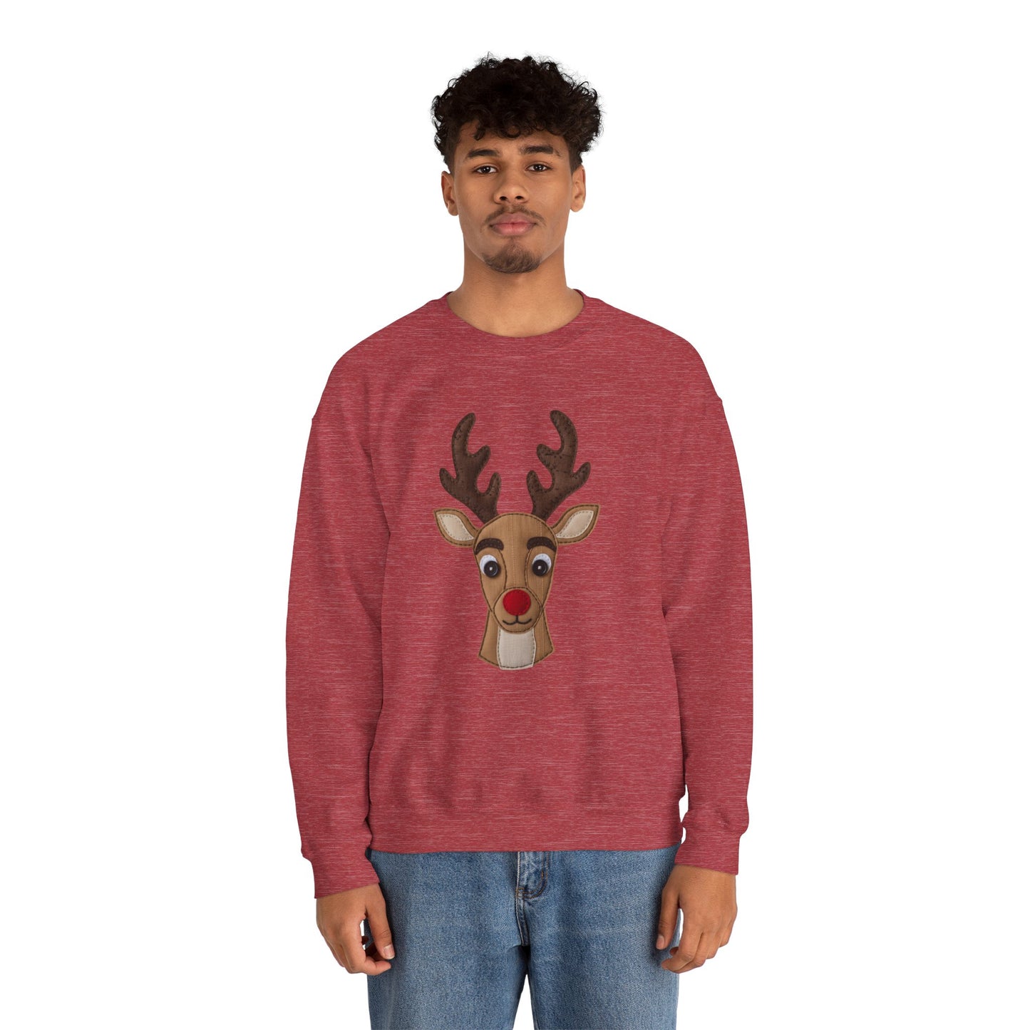 Faux Patchwork Rudolph Sweatshirt, Cute Reindeer Christmas Crewneck, Cozy Holiday Pullover, Winter Reindeer Sweater, Xmas Gift for Women