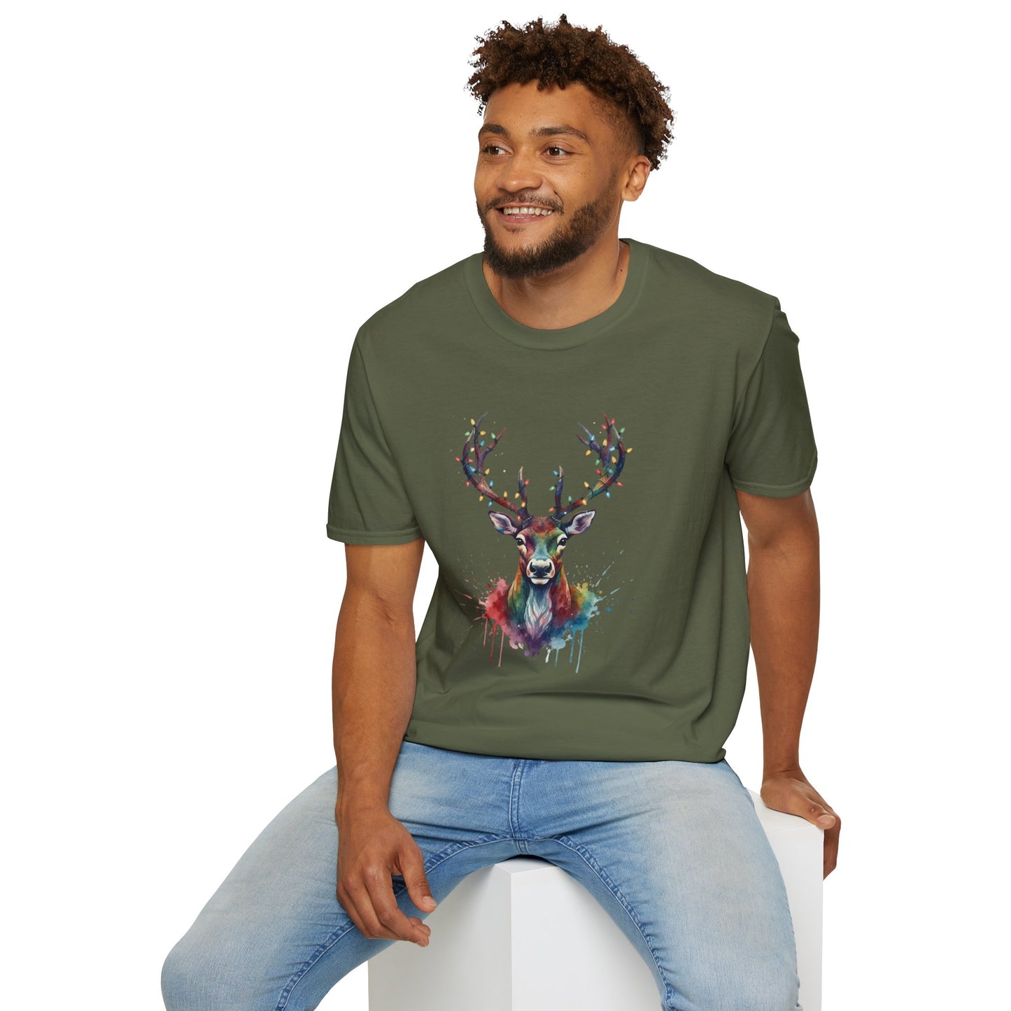 Christmas Deer Shirt, Watercolor Buck T-Shirt, Deer With Christmas Lights Tee, Holiday Wildlife Art Shirt, Colorful Deer Head Xmas Tee