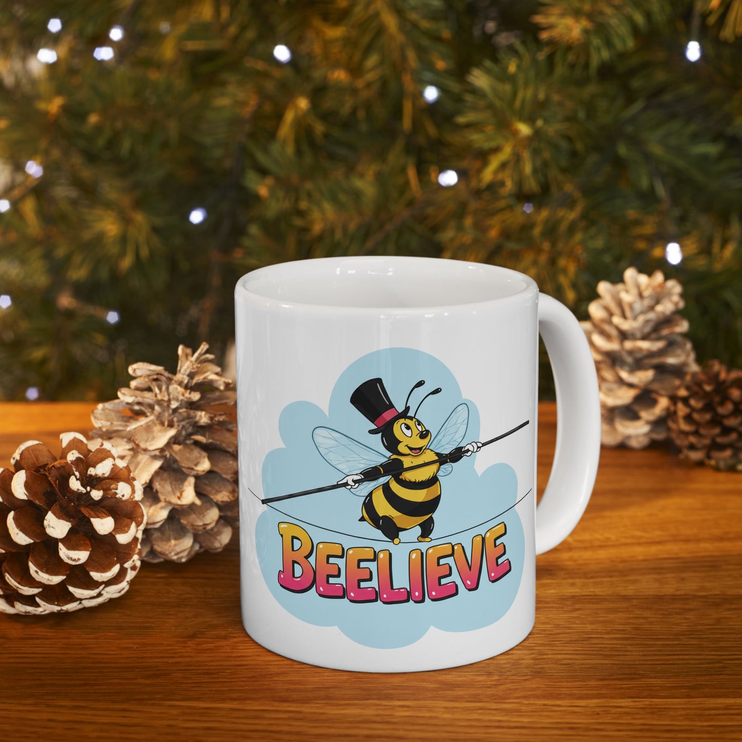 Ceramic Mug - Beelieve Fun Pun Bee Tightrope Design