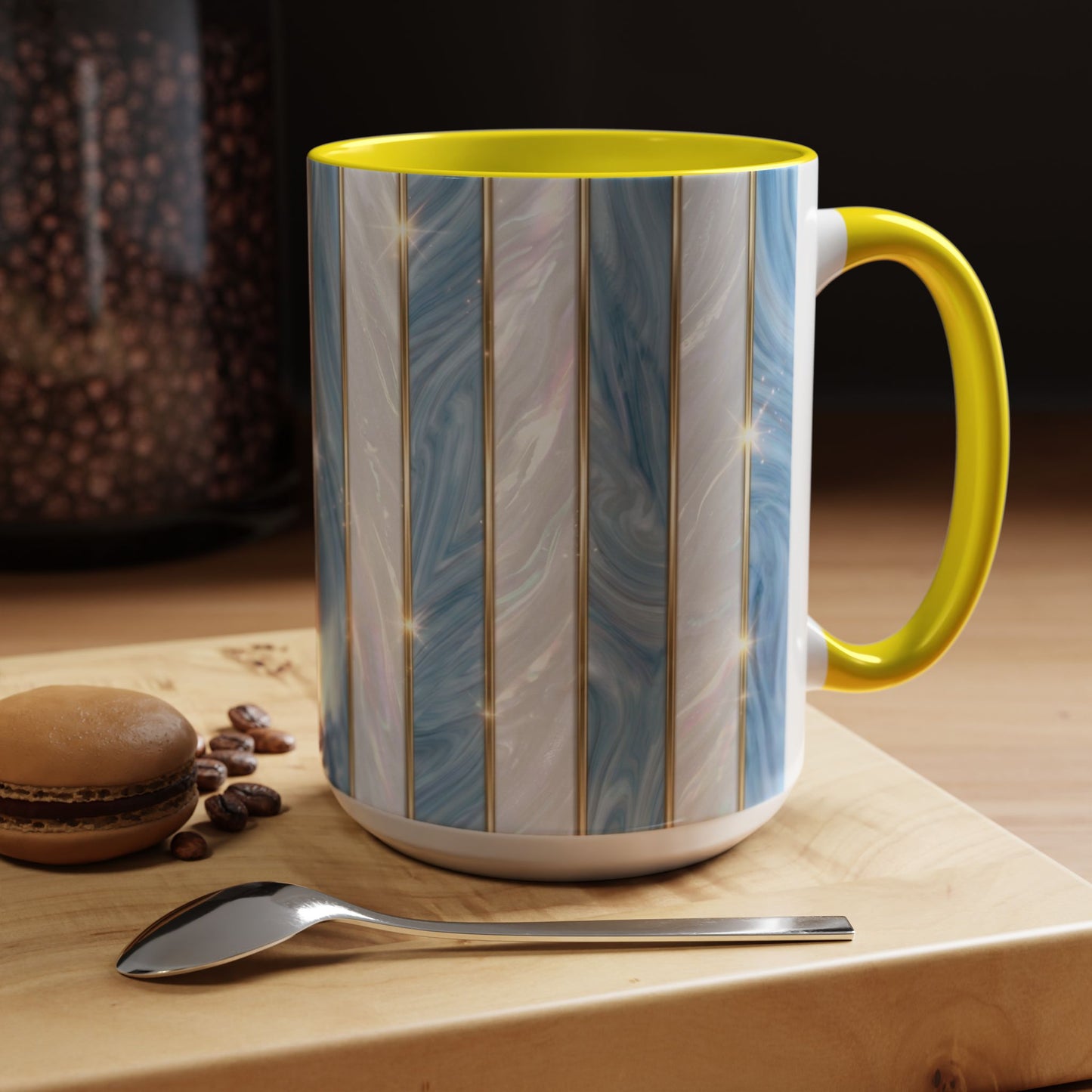 Faux Stained Glass Mug, Blue Pearlescent Coffee Cup, Art Deco Stained Glass Decor, Elegant Gold Stripe Teacup, Unique Art Gift For Her