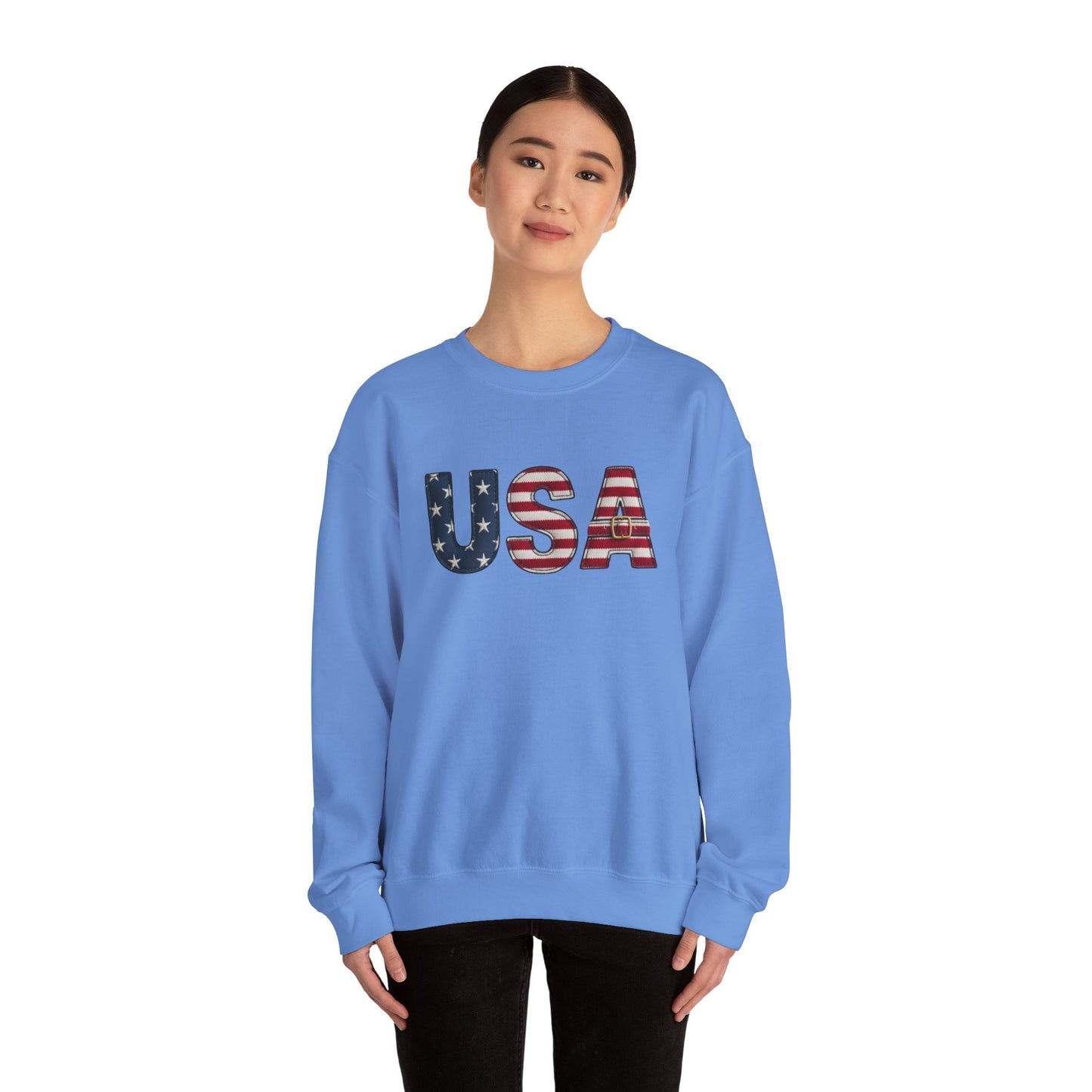 Faux Patchwork USA Sweatshirt, Patriotic Quilt Style Top, Rustic Americana Crewneck, 4th of July Shirt, Country USA Sweater, Vintage Flag Top
