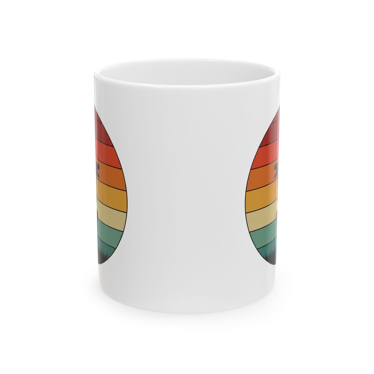 Retro Sunset Dinosaur Mug – Velociraptor Silhouette on Vintage Stripes, Jurassic Coffee Cup, Prehistoric Art Ceramic Mug, Dinosaur Lover Gift