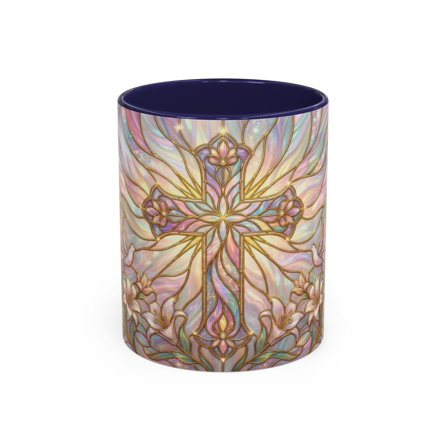 Stained Glass Cross Mug, Easter Lily Coffee Cup, Christian Gift for Women, Pastel Religious Drinkware, Dove and Faith Cup, Spiritual