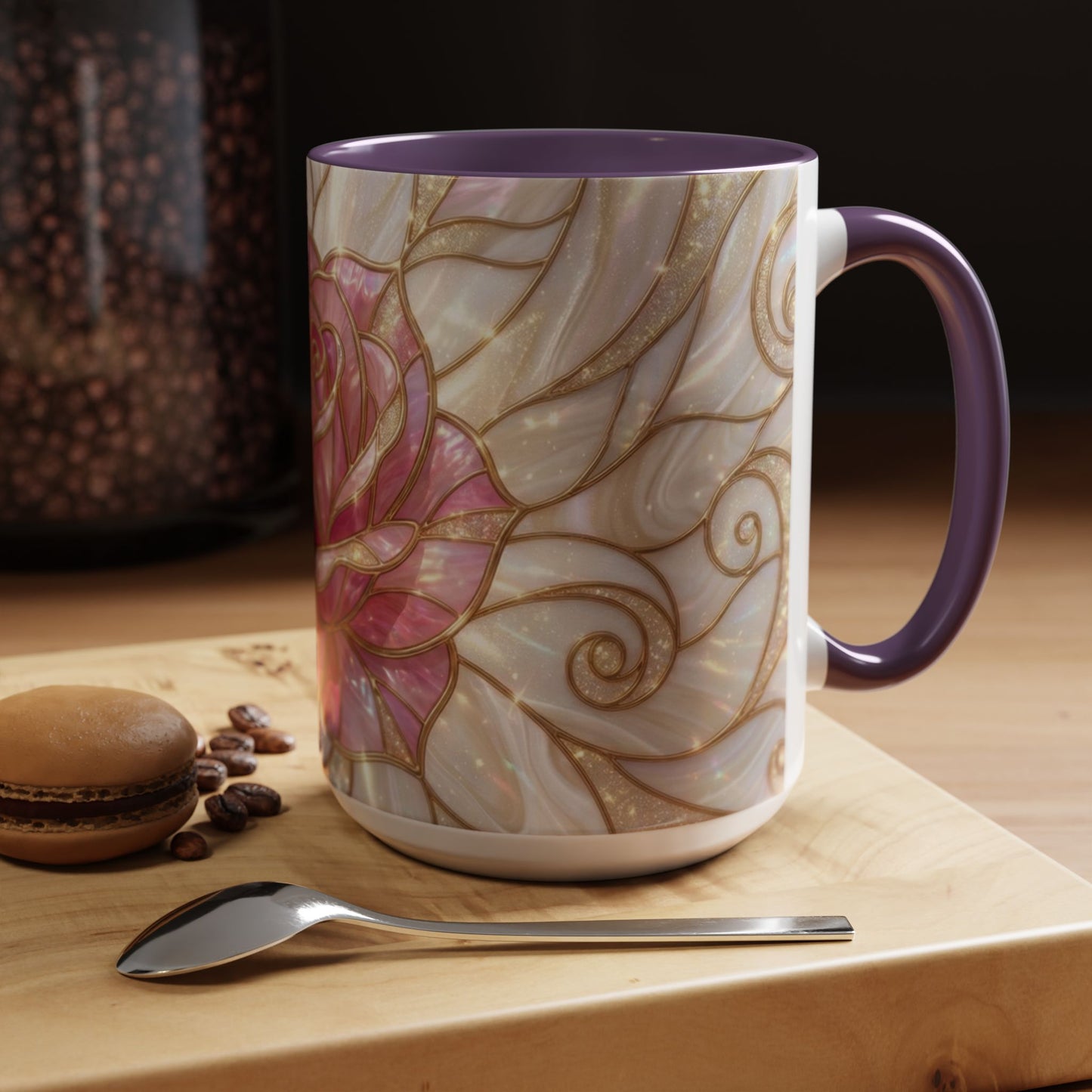 Pink Rose Stained Glass Mug, Gold Floral Coffee Cup, Romantic Flower Tea Cup, Gardener Gift For Mom, Botanical Art, Wife Birthday Gift