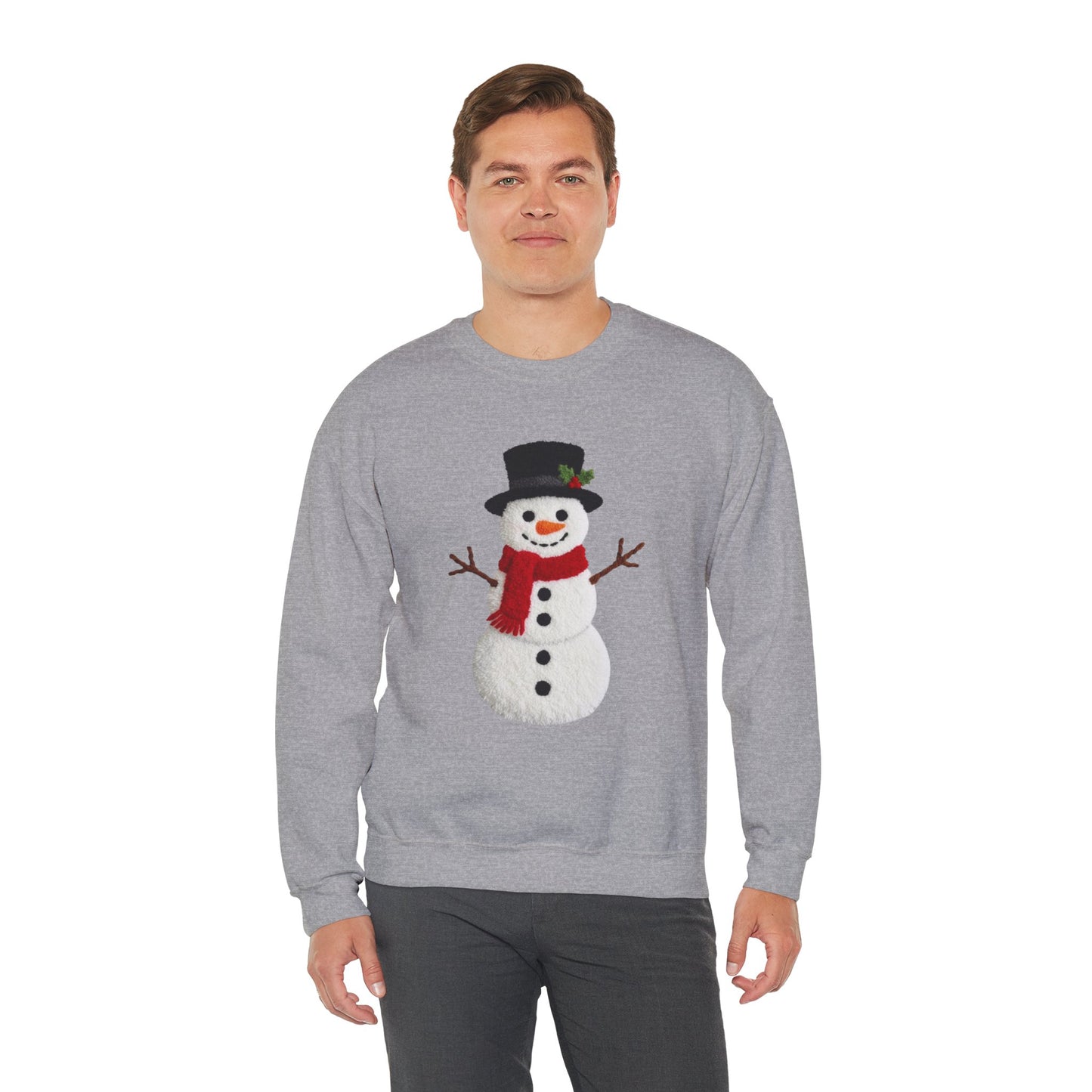 Faux Patchwork Crochet Snowman Sweatshirt, Winter Snowman Crewneck, Cozy Holiday Sweater, Christmas Sweatshirt, Festive Winter Shirt, unisex gift