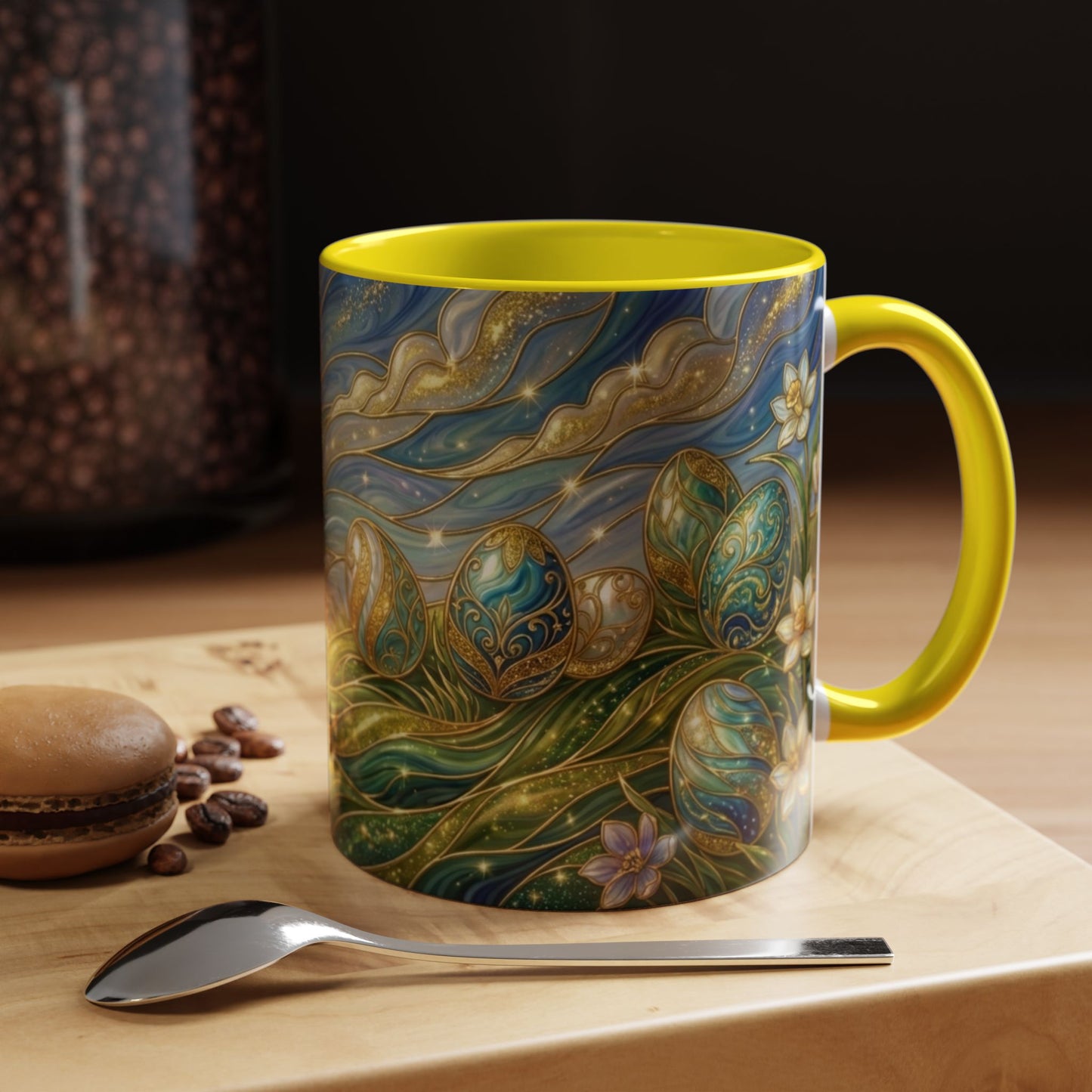 Stained Glass Easter Egg Mug, Magical Spring Floral Coffee Cup, Art Nouveau Fantasy Teacup, Elegant Celestial Starry Sky Mug Gift Idea