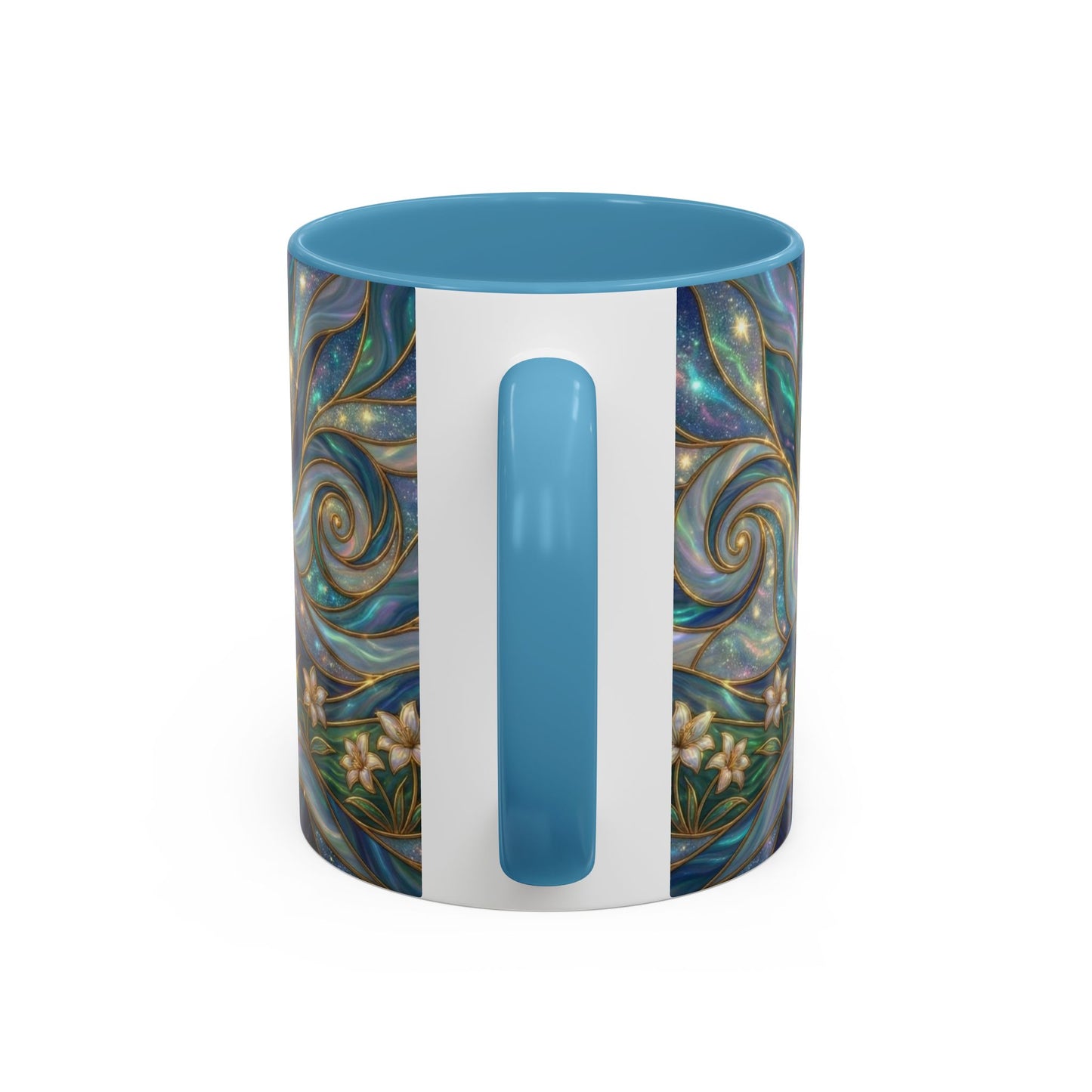 Stained Glass Cross Mug, Christian Coffee Cup, Religious Easter Gift, Celestial Faith Mug, Spiritual Sunrise Cup, Dove Lily Print Mug