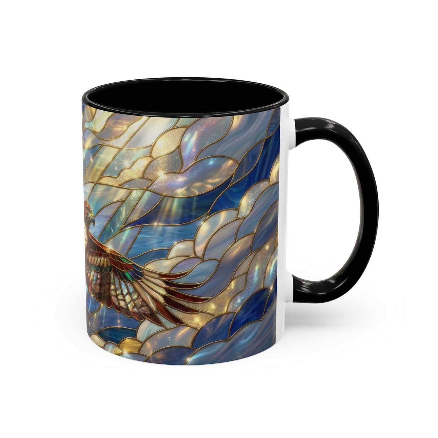Stained Glass Hawk Mug, Soaring Bird Coffee Mug, Nature Art Hawk Cup, Bird Lover Gift, Stained Glass Style Animal Mug