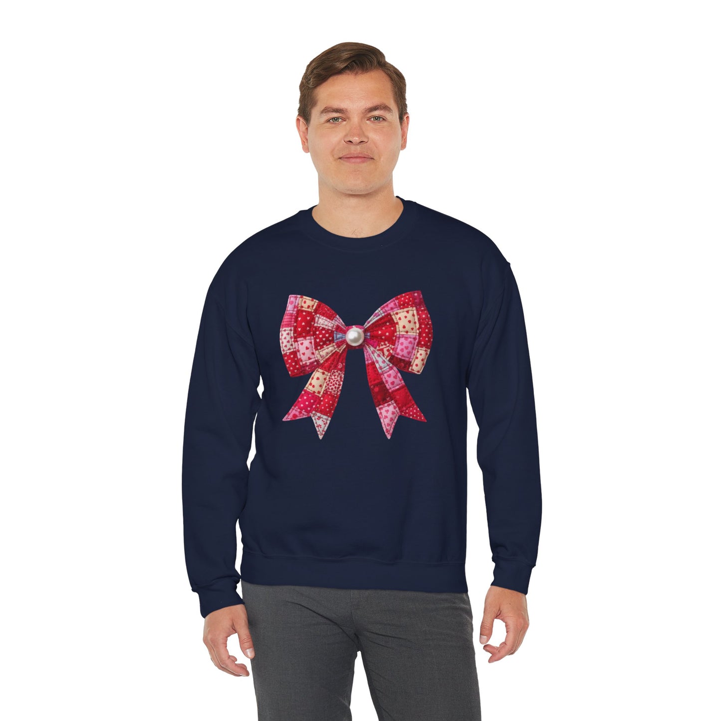 Faux Patchwork Bow Sweatshirt, Quilted Look Bow Crewneck, Pearl Bow Pullover, Cozy Coquette Sweatshirt, Girly Valentine Gift