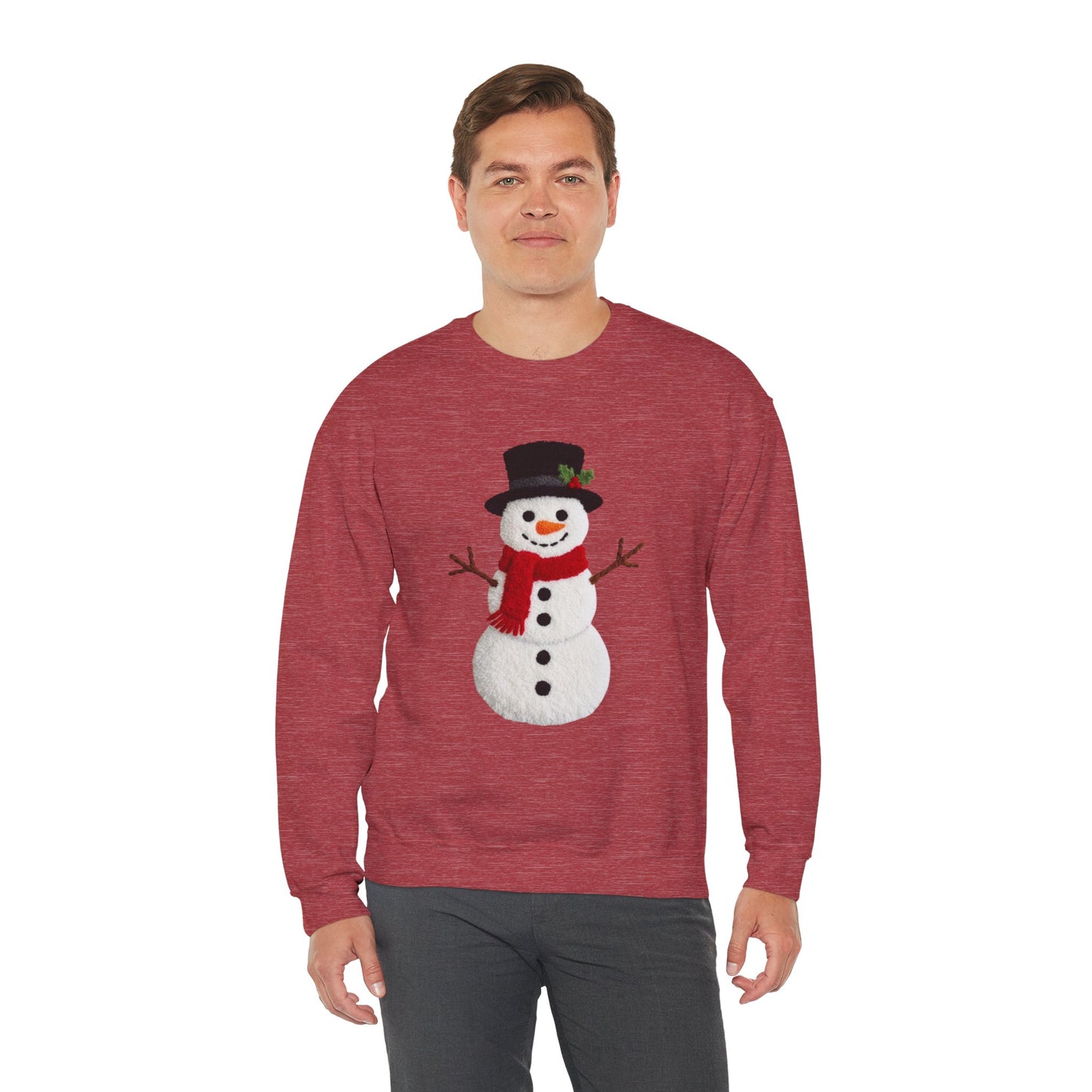 Faux Patchwork Crochet Snowman Sweatshirt, Winter Snowman Crewneck, Cozy Holiday Sweater, Christmas Sweatshirt, Festive Winter Shirt, unisex gift