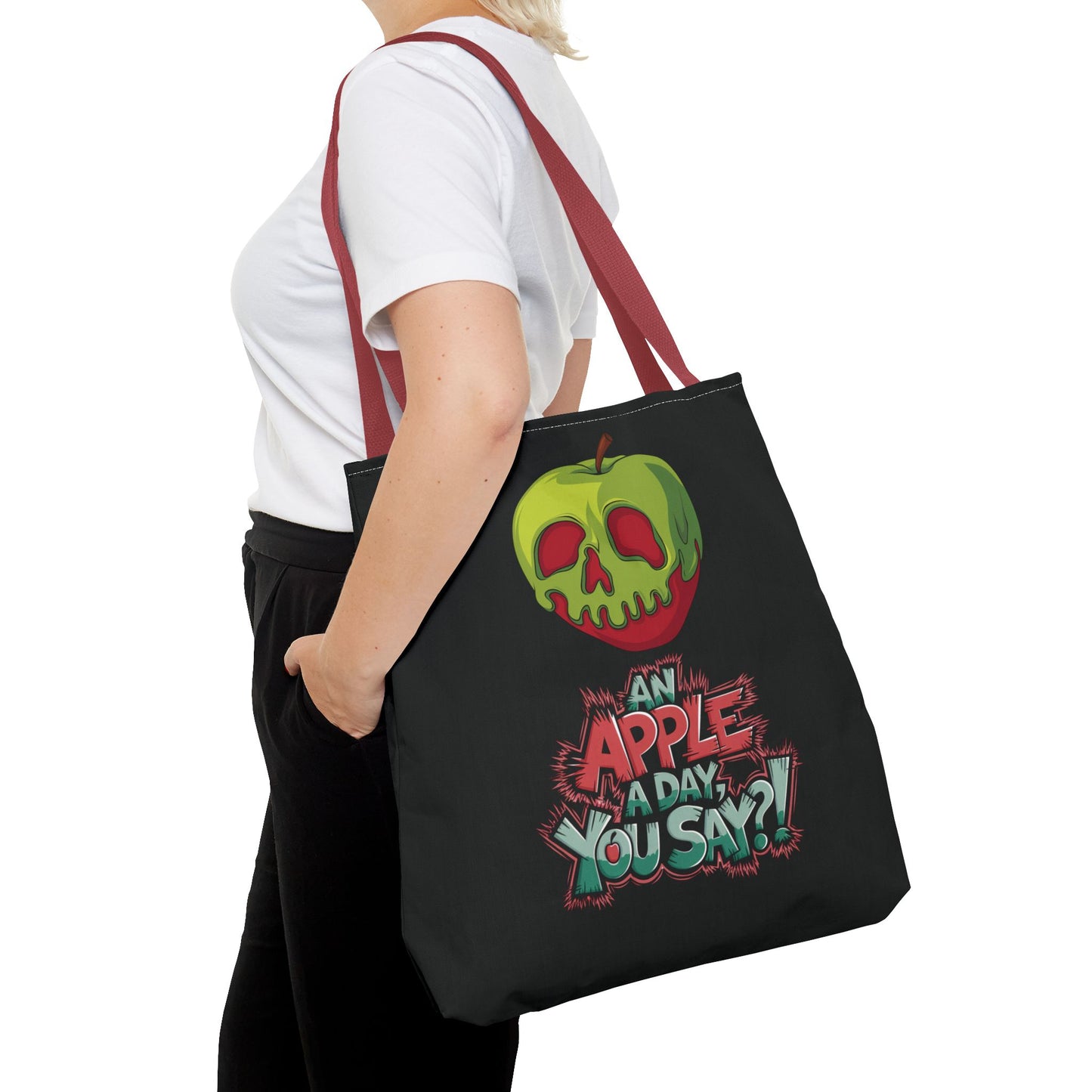 Spooky Halloween Tote Bag – Poison Apple Design – Funny Gothic Tote – Trick or Treat Bag – Creepy Apple Pun Gift – Black Tote Bag