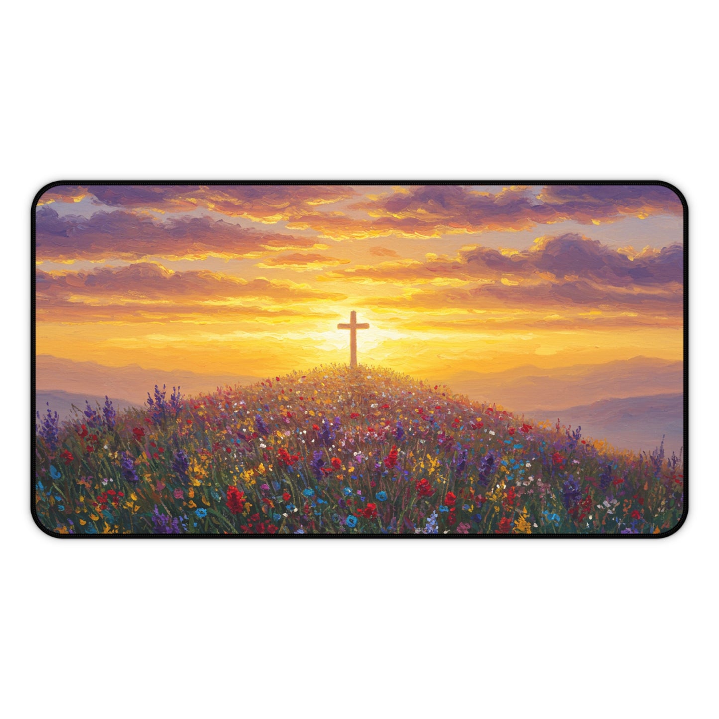 Desk Mat Mouse Pad - Cross on a Hill Monet Style Painting Christian Accessory Spiritual Mouse Pad Religious Desk Mat