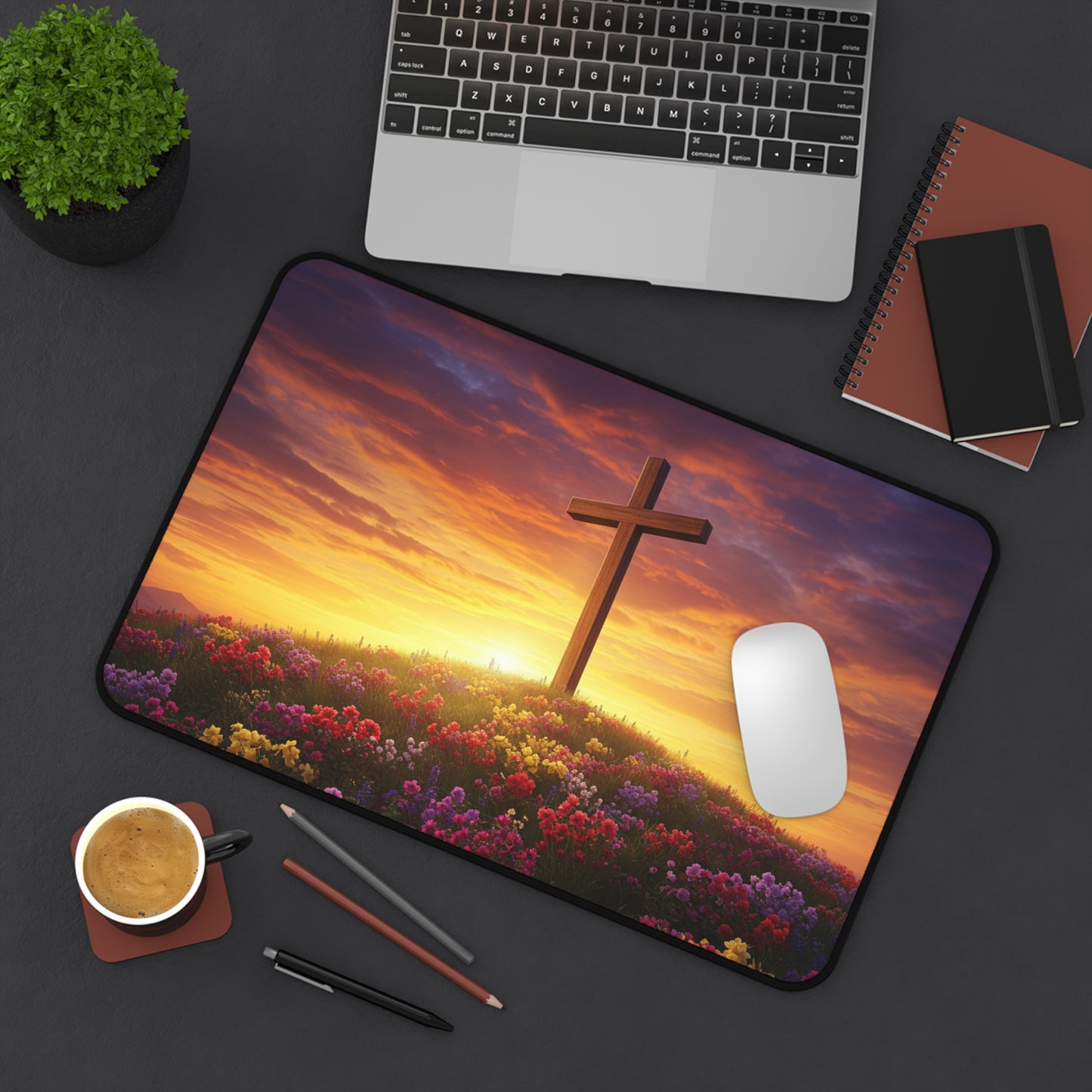 Desk Mat - Cross on a Hill DaVinci Style Christian Mouse Pad Religious Decor Spiritual Desk Mat Gift for Believers
