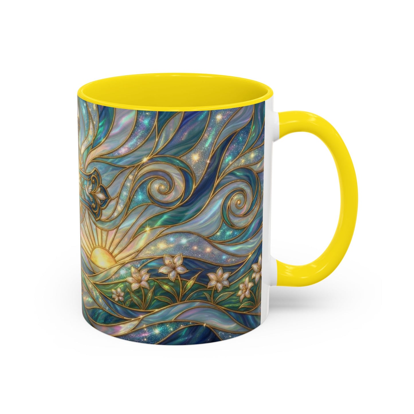 Stained Glass Cross Mug, Christian Coffee Cup, Religious Easter Gift, Celestial Faith Mug, Spiritual Sunrise Cup, Dove Lily Print Mug