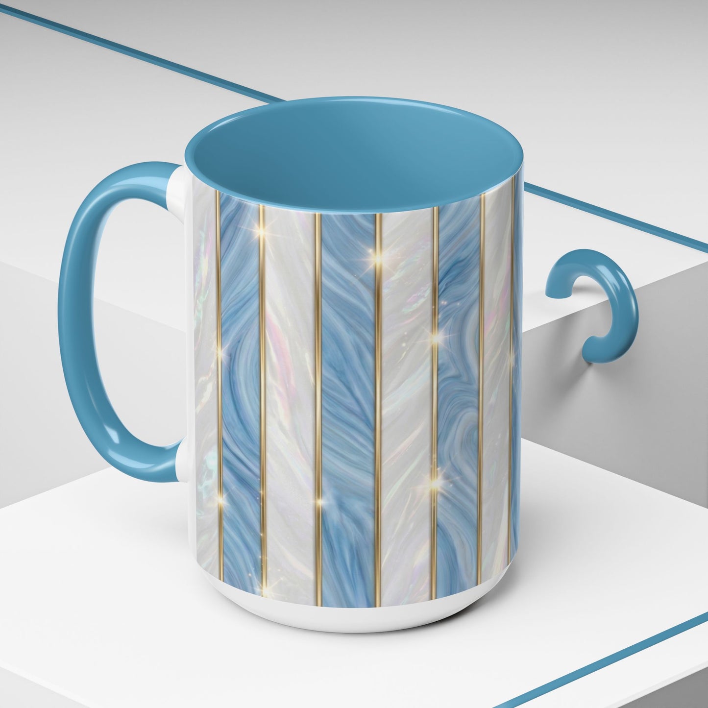 Faux Stained Glass Mug, Blue Pearlescent Coffee Cup, Art Deco Stained Glass Decor, Elegant Gold Stripe Teacup, Unique Art Gift For Her