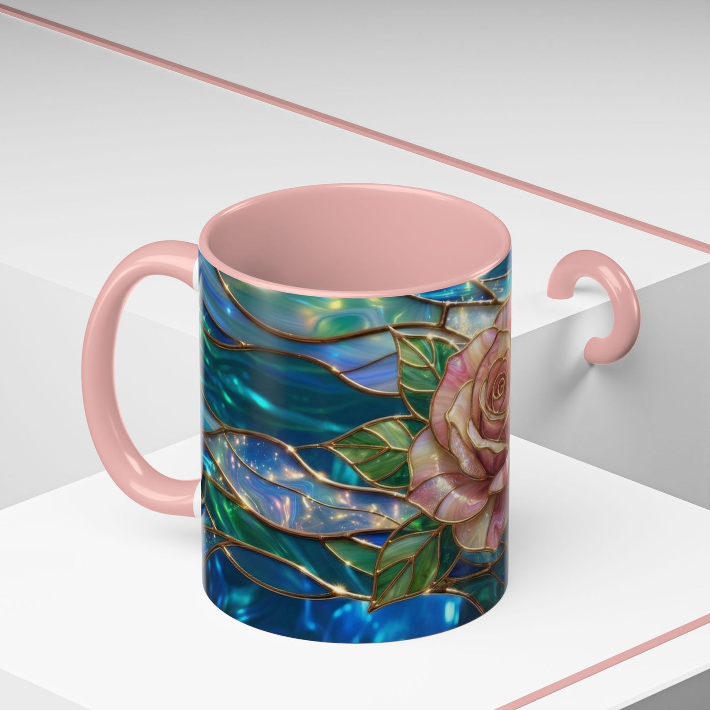 Stained Glass Rose Mug, Pink Flower Coffee Cup, Fantasy Floral Tea Cup, Magical Garden Gift, Galaxy Rose Art, Botanical Lover Present