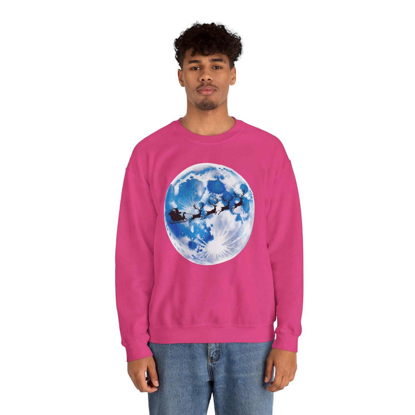 Santa And Reindeer Full Moon Christmas Sweatshirt, Holiday Night Sky Sweater, Cozy Unisex Crewneck, Festive Gift For Christmas Lovers