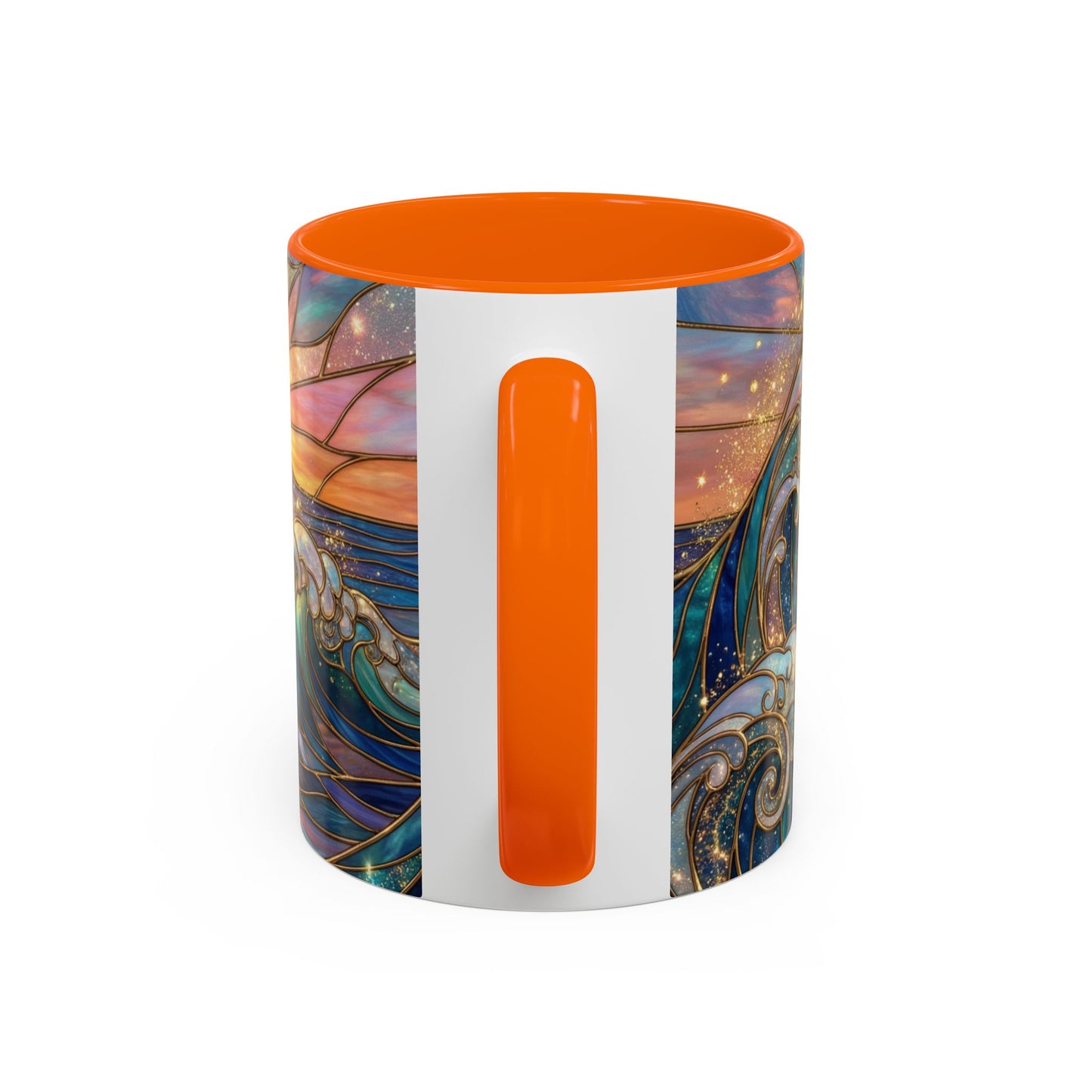 Stained Glass Ocean Wave Mug, Sunrise Beach Coffee Cup, Japanese Art Gift, Coastal Decor Kitchen, Mosaic Sea Tea Cup, Blue Gold Nature Lover