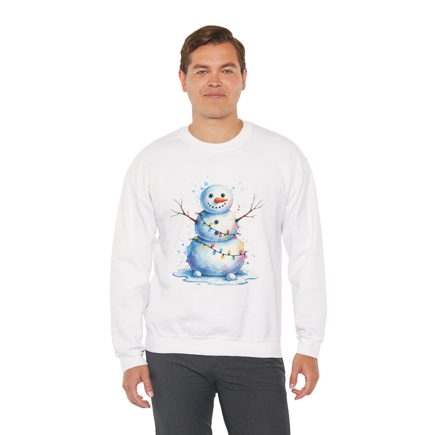 Watercolor Snowman Christmas Sweatshirt, Cute Snowman Crewneck for Winter, Holiday Lights Snowman Sweater, Cozy Unisex Christmas Gift