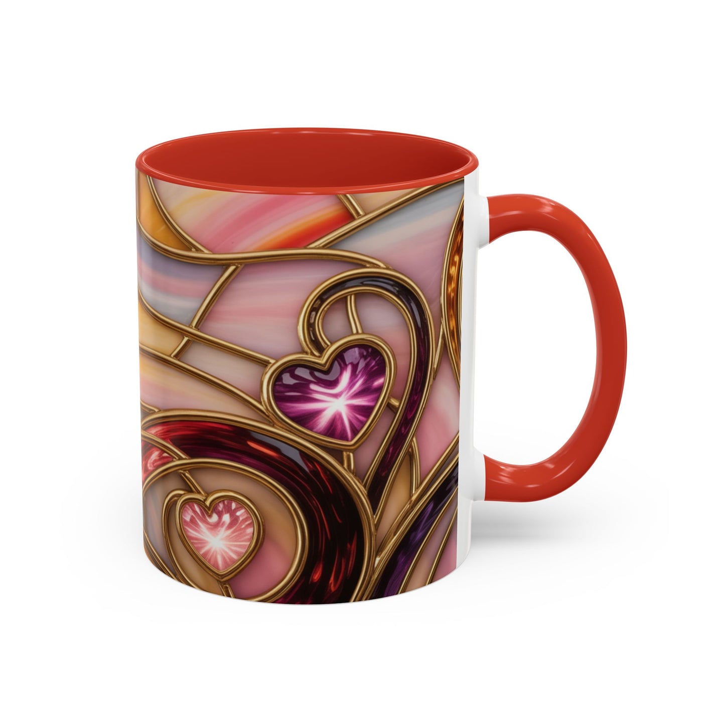Stained Glass Heart Mug, Romantic Love Coffee Cup, Pink Red Gold Glass Style Mug, Valentine Gift For Her, Anniversary Wedding Decor
