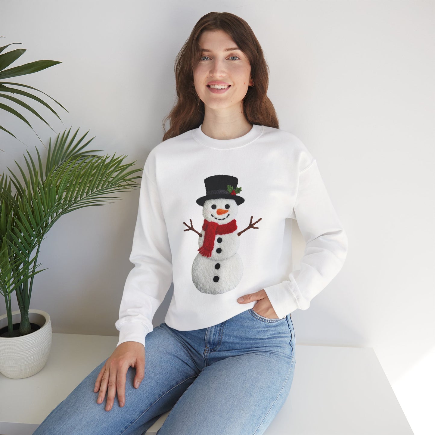 Faux Patchwork Crochet Snowman Sweatshirt, Winter Snowman Crewneck, Cozy Holiday Sweater, Christmas Sweatshirt, Festive Winter Shirt, unisex gift